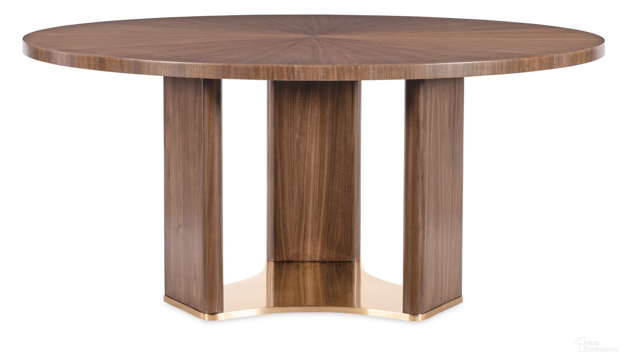The appearance of Eleana Round Dining Table In Walnut and Bronze designed by Hooker in the transitional interior design. This walnut and bronze piece of furniture was selected by 1StopBedrooms from Eleana Collection to add a touch of cosiness and style into your home. Sku: 7252-75201-85. Table Base Style: Legs. Table Top Shape: Round. Size: 66". Material: Walnut Veneer.