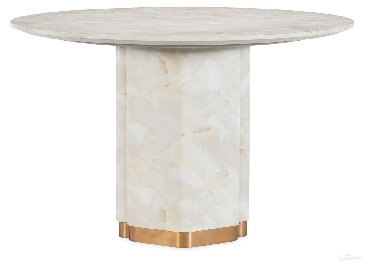 The appearance of Eleana Round Dining Table In White and Bronze designed by Hooker in the transitional interior design. This white/bronze piece of furniture was selected by 1StopBedrooms from Eleana Collection to add a touch of cosiness and style into your home. Sku: 7252-75213-00. Table Base Style: Pedestal. Table Top Shape: Round. Material: Concrete. Size: 48".