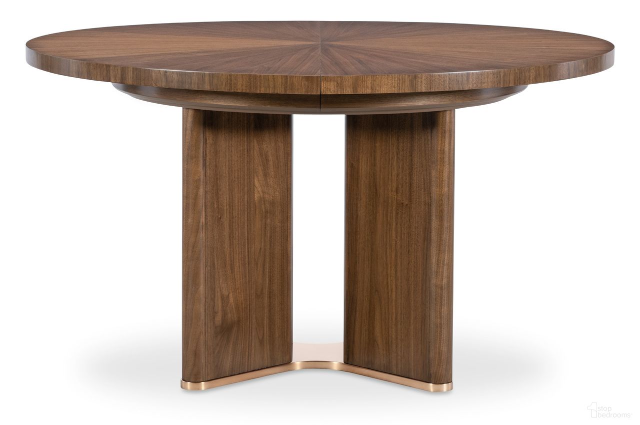 The appearance of Eleana Round Dining Table with One 20 Inch Leaf In Walnut and Bronze designed by Hooker in the transitional interior design. This walnut and bronze piece of furniture was selected by 1StopBedrooms from Eleana Collection to add a touch of cosiness and style into your home. Sku: 7252-75203-85. Table Base Style: Pedestal. Table Top Shape: Round. Size: 54". Material: Walnut Veneer.