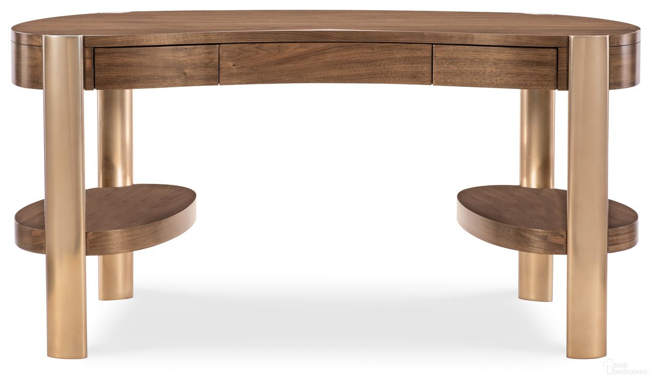 The appearance of Eleana Writing Desk In Walnut and Bronze designed by Hooker in the transitional interior design. This walnut and bronze piece of furniture  was selected by 1StopBedrooms from Eleana Collection to add a touch of cosiness and style into your home. Sku: 7252-10458-85. Material: Walnut Veneer.