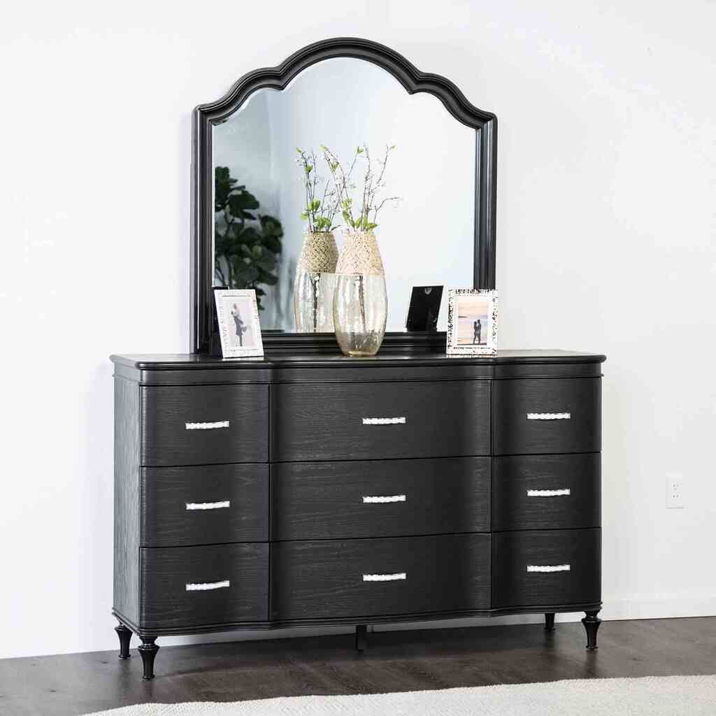 The appearance of Eleanora Dresser In Black designed by Furniture of America in the glam interior design. This black piece of furniture  was selected by 1StopBedrooms from Eleanora Collection to add a touch of cosiness and style into your home. Sku: FM7416BK-D. Material: Solid Wood.