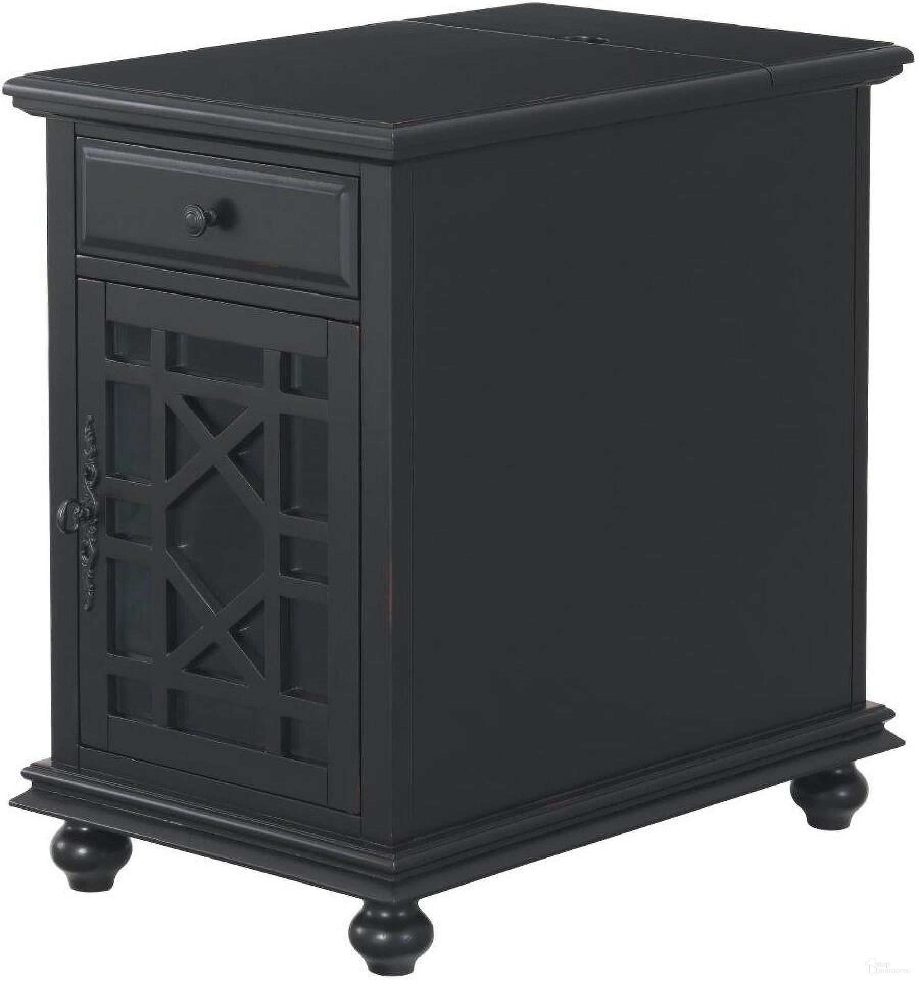The appearance of Elegant Chairside Table With Power In Antique Black designed by Martin Svensson Home in the traditional interior design. This antique black piece of furniture  was selected by 1StopBedrooms from Elegant Collection to add a touch of cosiness and style into your home. Sku: 810072. Material: MDF.