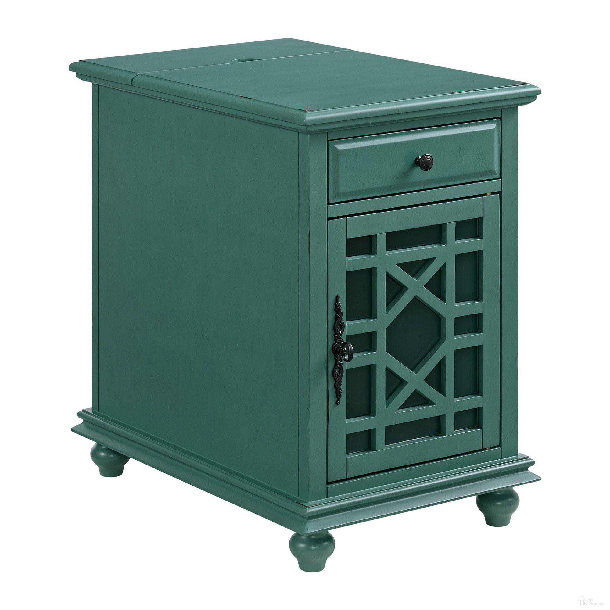 The appearance of Elegant Chairside Table With Power In Antique Teal designed by Martin Svensson Home in the traditional interior design. This teal piece of furniture  was selected by 1StopBedrooms from Elegant Collection to add a touch of cosiness and style into your home. Sku: 810071. Material: MDF.