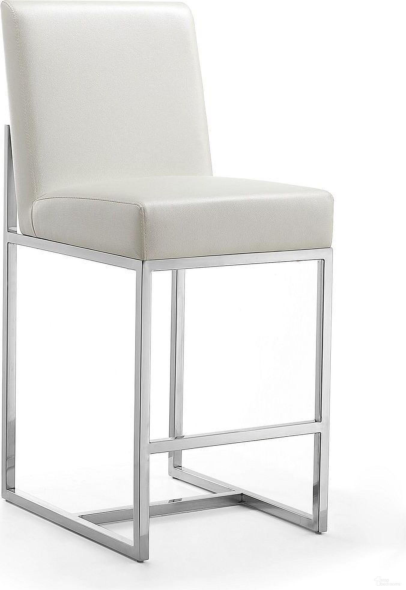 The appearance of Element 24 Inch Faux Leather Counter Stool in Pearl White and Polished Chrome designed by Manhattan Comfort in the transitional interior design. This pearl white piece of furniture was selected by 1StopBedrooms from Element Collection to add a touch of cosiness and style into your home. Sku: CS003-PW. Material: Stainless Steel.