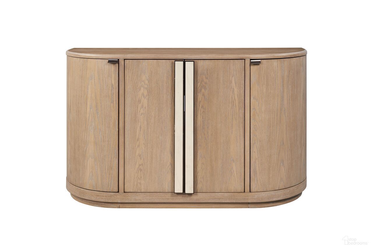 The appearance of Elements Demilune Server In Toffee designed by Bernell in the transitional interior design. This toffee piece of furniture  was selected by 1StopBedrooms from Elements Collection to add a touch of cosiness and style into your home. Sku: 3262-524. Material: Oak Veneer.