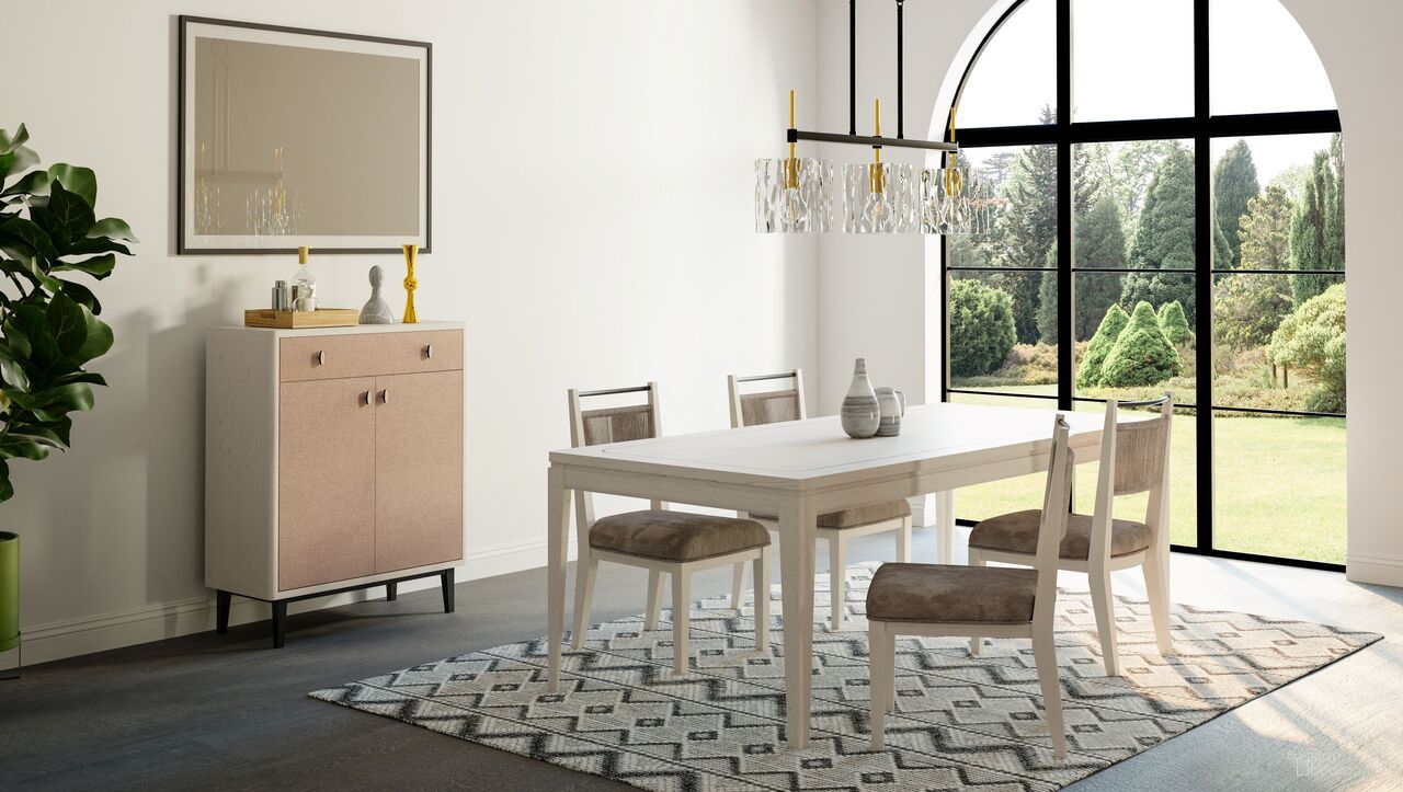 The appearance of Elements Leg Dining Set With Metal Inlay In Vanilla designed by Bernell in the transitional interior design. This vanilla piece of furniture was selected by 1StopBedrooms from Elements Collection to add a touch of cosiness and style into your home. Sku: 3062-503;3062-510. Table Top Shape: Rectangular. Size: 40" x 90". Material: Oak Veneer.