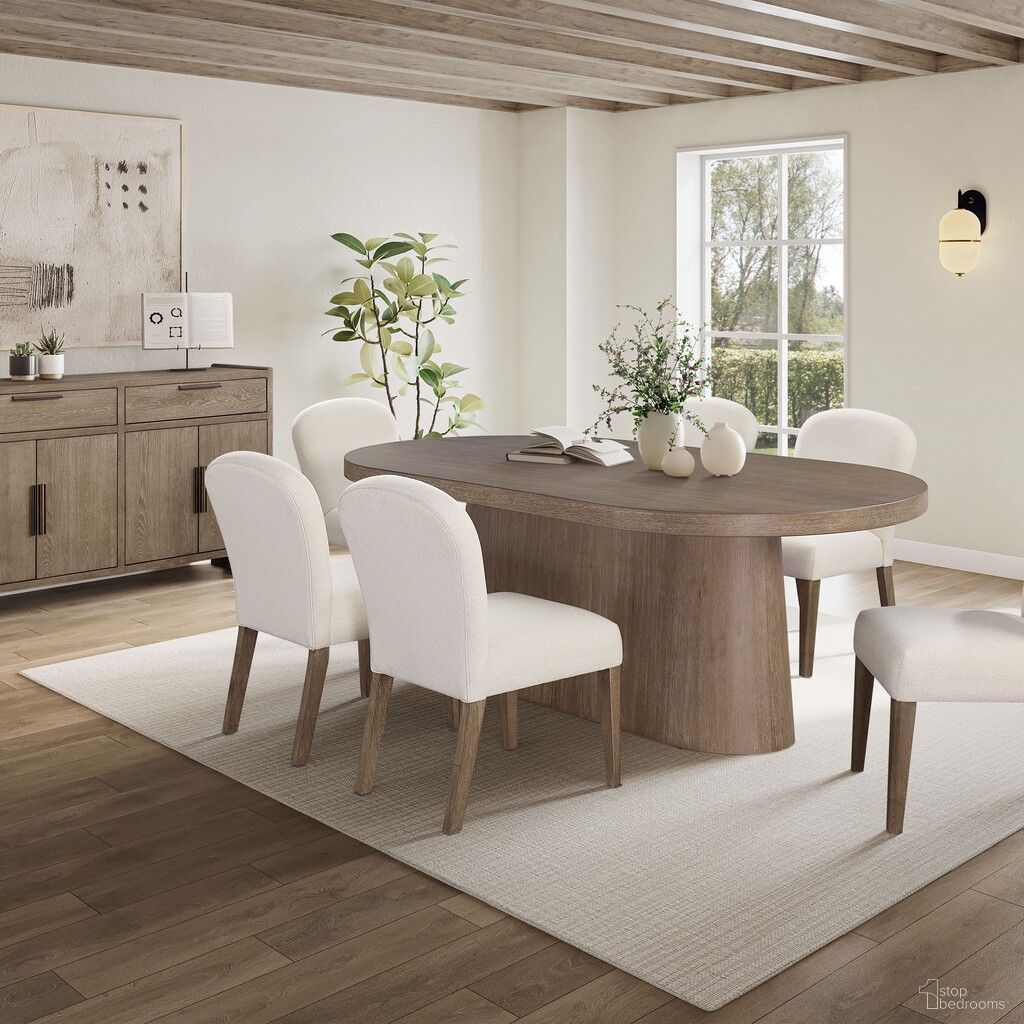 The appearance of Elements Oval Pedestal Dining Set In Cocoa designed by Bernell in the transitional interior design. This cocoa piece of furniture was selected by 1StopBedrooms from Elements Collection to add a touch of cosiness and style into your home. Sku: 3162-500;3162-512. Table Top Shape: Oval. Size: 44" x 84". Material: Oak Veneer.