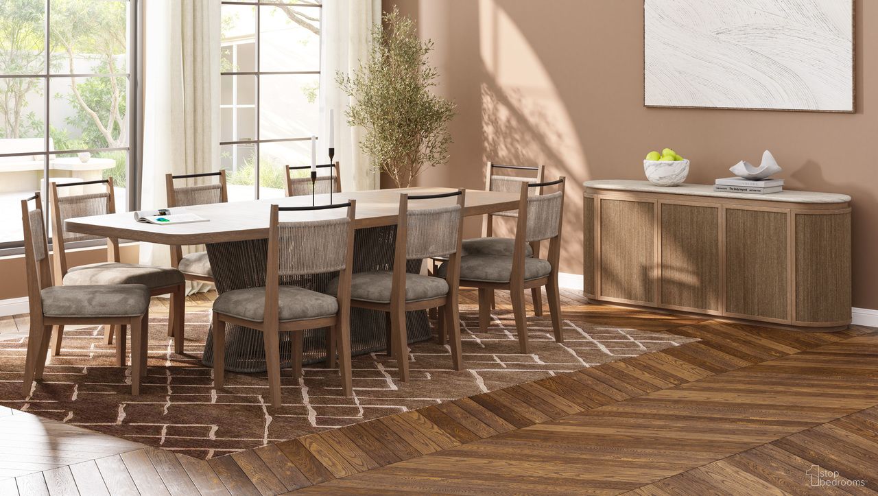 The appearance of Elements Rope Pedestal Dining Set In Toffee designed by Bernell in the transitional interior design. This toffee piece of furniture was selected by 1StopBedrooms from Elements Collection to add a touch of cosiness and style into your home. Sku: 3262-502;3262-510. Table Top Shape: Rectangular. Material: Oak Veneer. Size: 44" x 98".