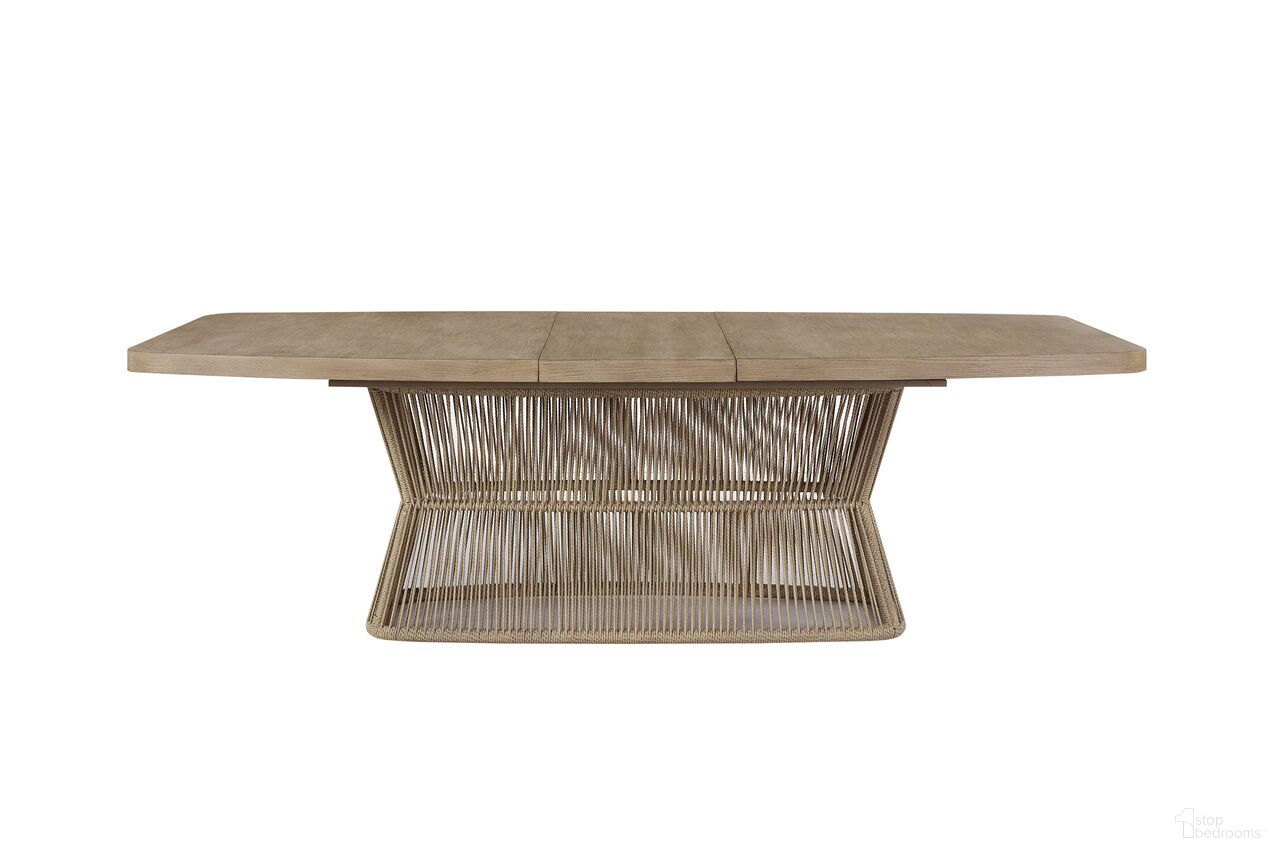 The appearance of Elements Rope Pedestal Dining Table In Toffee designed by Bernell in the transitional interior design. This toffee piece of furniture was selected by 1StopBedrooms from Elements Collection to add a touch of cosiness and style into your home. Sku: 3262-502. Table Base Style: Pedestal. Table Top Shape: Rectangular. Material: Oak Veneer. Size: 44" x 98".