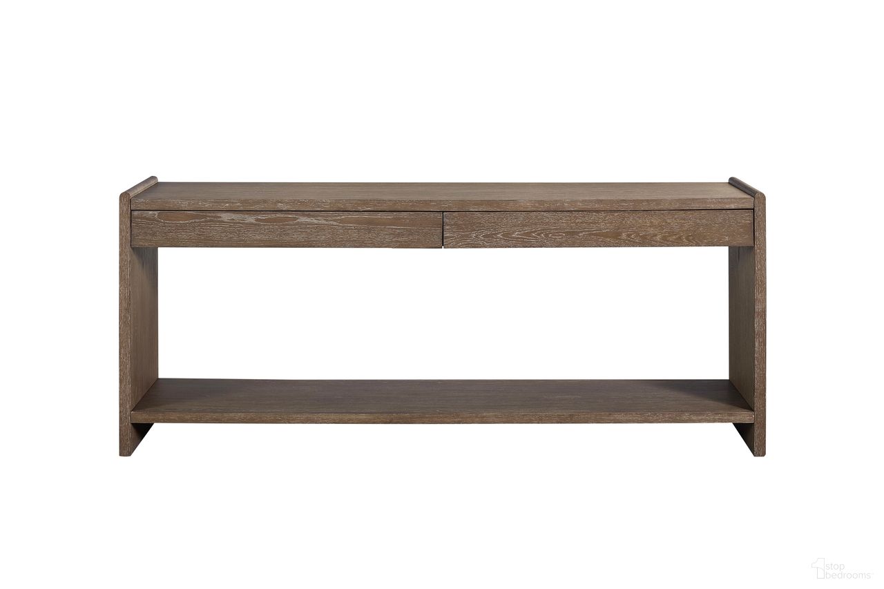 The appearance of Elements Sofa Table 2 Drawer In Cocoa designed by Bernell in the transitional interior design. This cocoa piece of furniture was selected by 1StopBedrooms from Elements Collection to add a touch of cosiness and style into your home. Sku: 3162-004. Material: Oak Veneer.