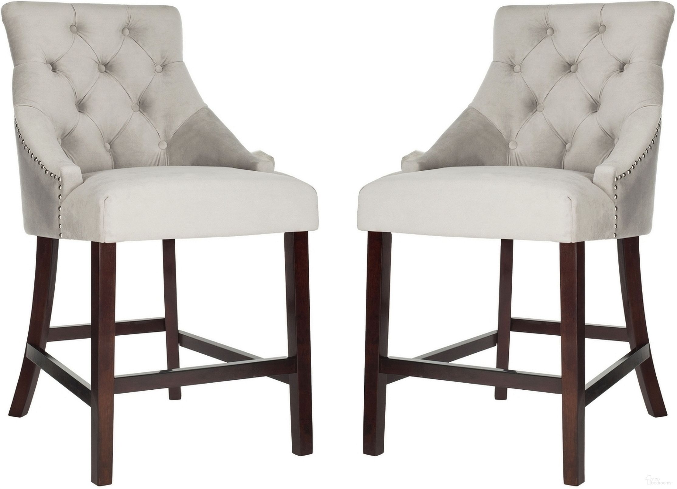The appearance of Eleni Grey Tufted Wing Back Counter Stool Set of 2 designed by Safavieh in the modern / contemporary interior design. This gray piece of furniture was selected by 1StopBedrooms from Eleni Collection to add a touch of cosiness and style into your home. Sku: BST6305B-SET2. Material: Wood.