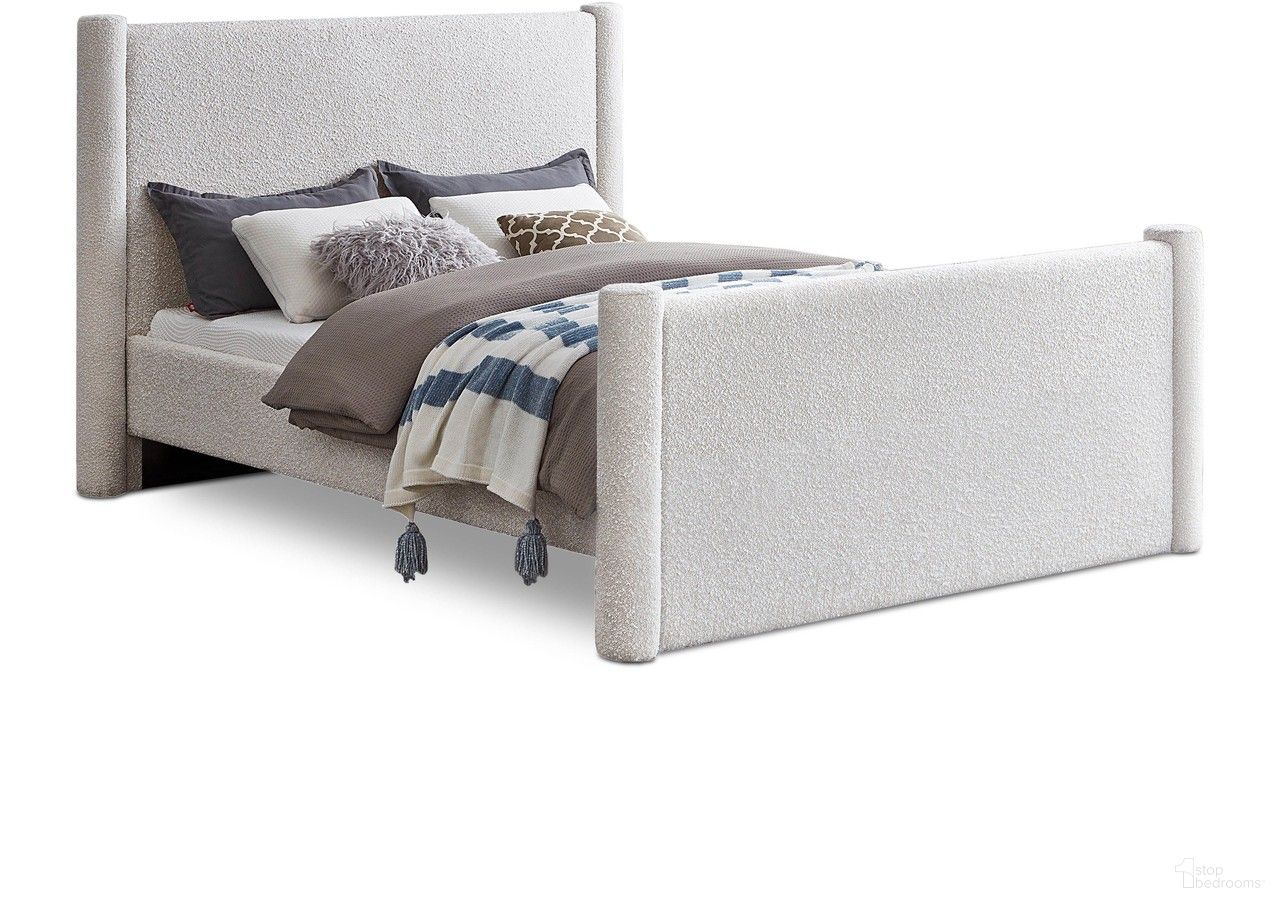 The appearance of Elias Boucle Fabric Full Bed In Cream designed by Meridian in the modern / contemporary interior design. This cream piece of furniture  was selected by 1StopBedrooms from Elias Collection to add a touch of cosiness and style into your home. Sku: B1299Cream-F Box 1/2 (Headboard / Footboard / Slats / Hardware);B1299Cream-F Box 2/2 (Rails / 4 Columns). Bed Type: Poster Bed. Material: Fabric. Bed Size: Full.