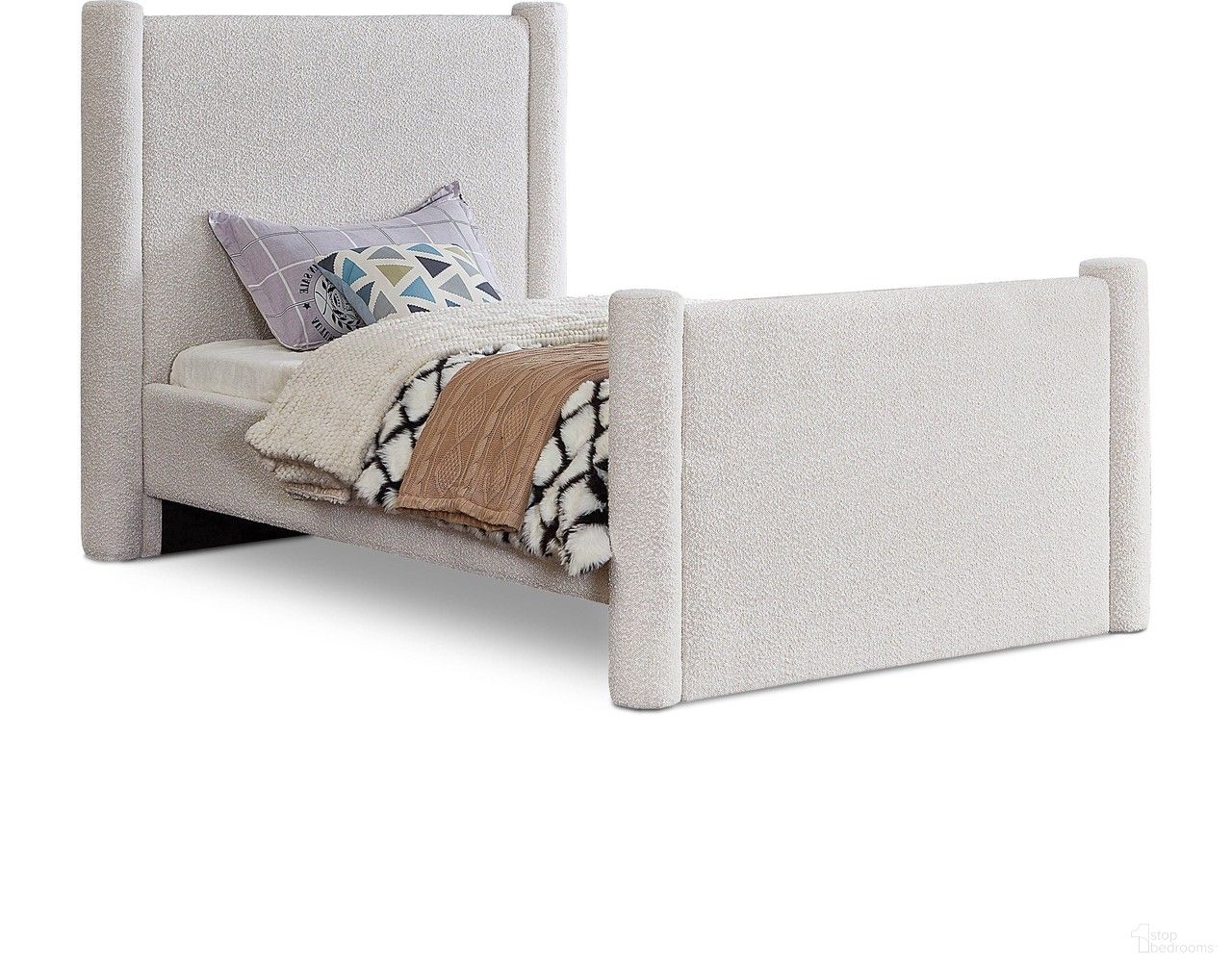 The appearance of Elias Boucle Fabric Twin Bed In Cream designed by Meridian in the modern / contemporary interior design. This cream piece of furniture was selected by 1StopBedrooms from Elias Collection to add a touch of cosiness and style into your home. Sku: B1299Cream-T Box 1/2 (Headboard / Footboard / Slats / Hardware);B1299Cream-T Box 2/2 (Rails / 4 Columns). Bed Type: Poster Bed. Material: Fabric. Bed Size: Twin.