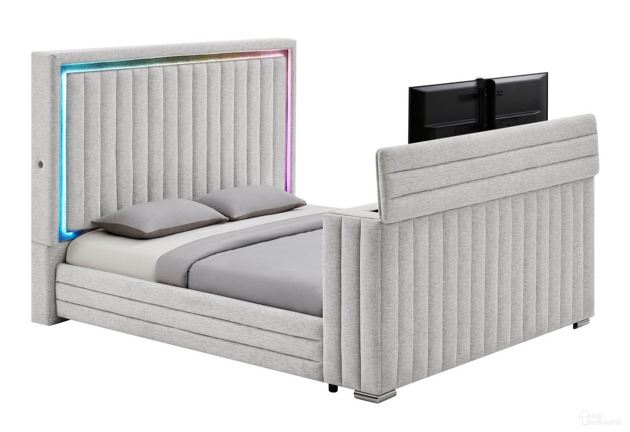 Elias Queen Bed with Immersive Sound Speaker, LED, TV Lift and Fireplace In Grey