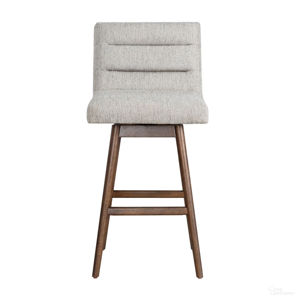 Elias Solid Wood Fabric Seat Upholstered 30 Inch Bar Height Swivel Barstool In Brown Oak and Morning Fog