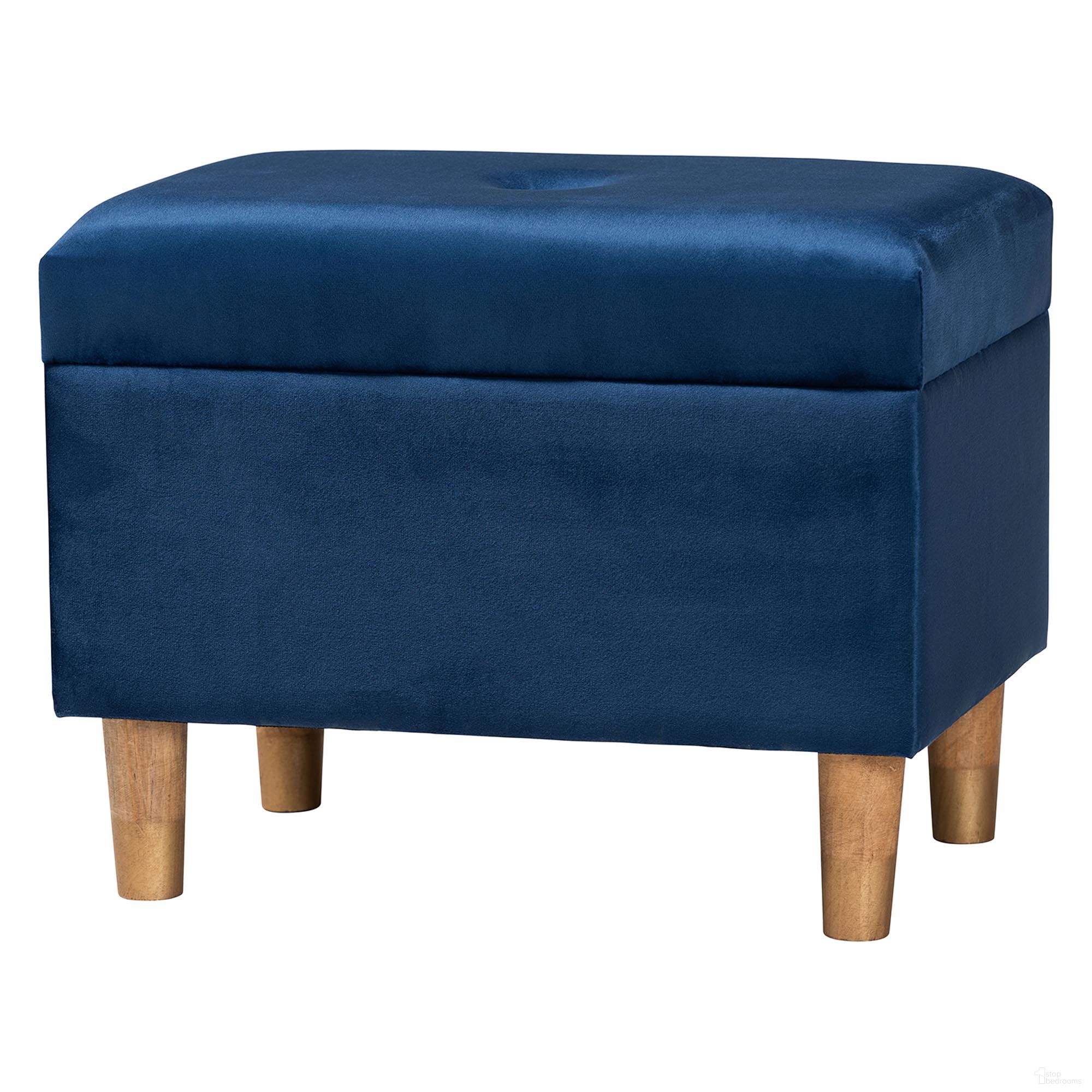 The appearance of Elias Velvet Fabric Storage Ottoman In Navy Blue and Oak Brown designed by Baxton Studio in the modern / contemporary interior design. This navy blue/oak brown piece of furniture was selected by 1StopBedrooms from Elias Collection to add a touch of cosiness and style into your home. Sku: JY20A250-Navy Velvet-Otto. Material: Polyester.
