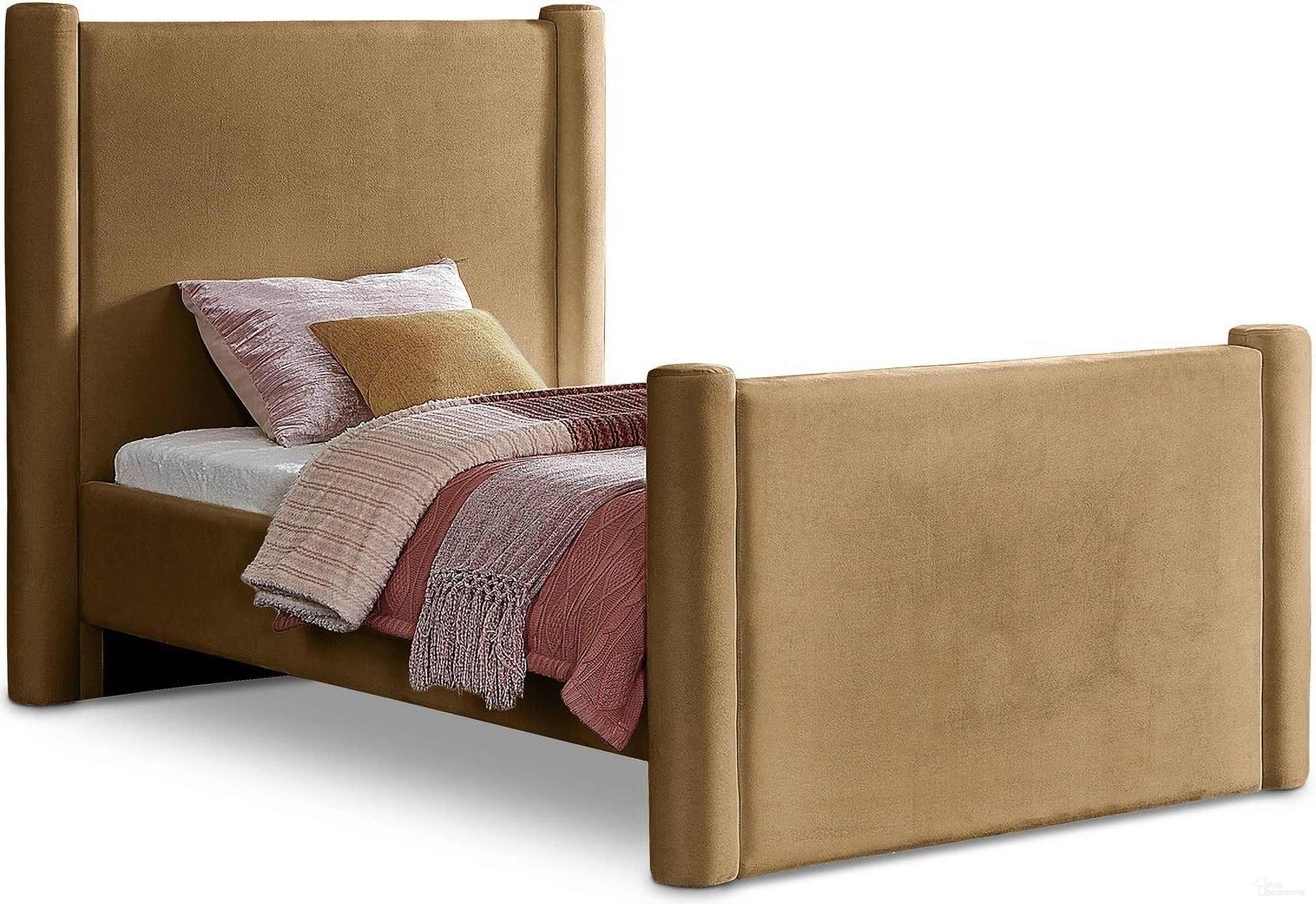 The appearance of Elias Velvet Twin Bed In Saddle designed by Meridian in the modern / contemporary interior design. This saddle piece of furniture was selected by 1StopBedrooms from Elias Collection to add a touch of cosiness and style into your home. Sku: B1298Saddle-T Box 1/2 (Headboard / Footboard / Slats / Hardware);B1298Saddle-T Box 2/2 (Rails / 4 Columns). Bed Type: Poster Bed. Bed Size: Twin. Material: Velvet.