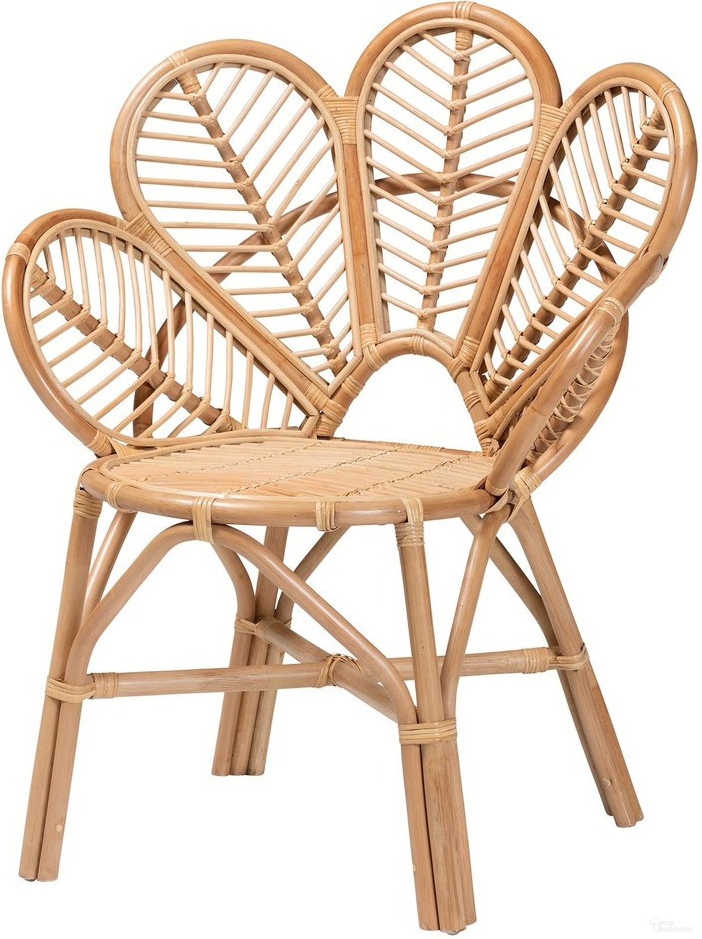 The appearance of Eliava Flower Accent Chair In Natural Brown designed by Baxton Studio in the bohemian interior design. This natural brown piece of furniture  was selected by 1StopBedrooms from Eliava Collection to add a touch of cosiness and style into your home. Sku: Flower-Natural-AC. Material: Natural Rattan.