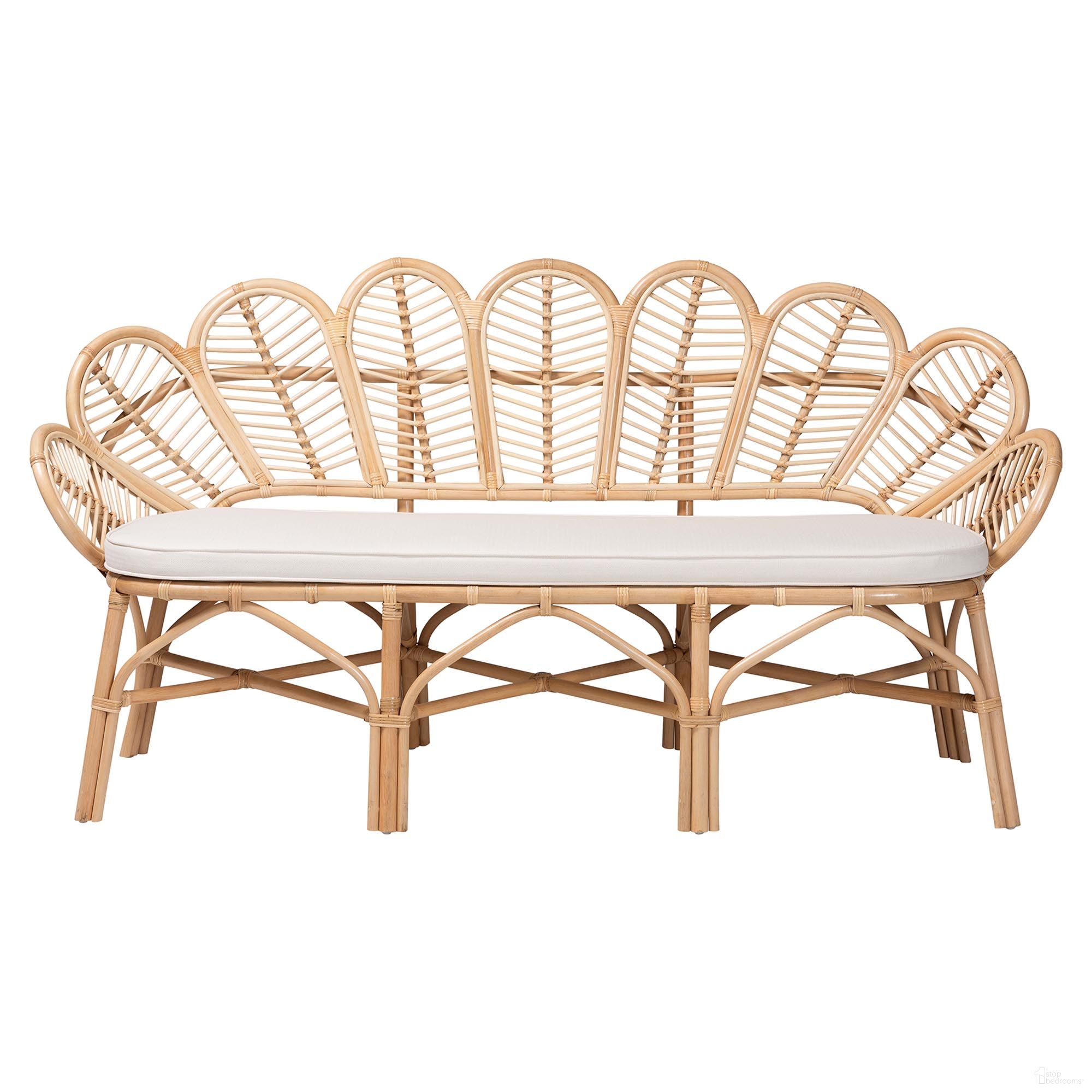 The appearance of Eliava Natural Rattan Accent Bench with Removable Cushion In Natural Brown designed by Baxton Studio in the bohemian interior design. This natural brown piece of furniture  was selected by 1StopBedrooms from Eliava Collection to add a touch of cosiness and style into your home. Sku: Flower-Natural-Bench. Material: Natural Rattan.