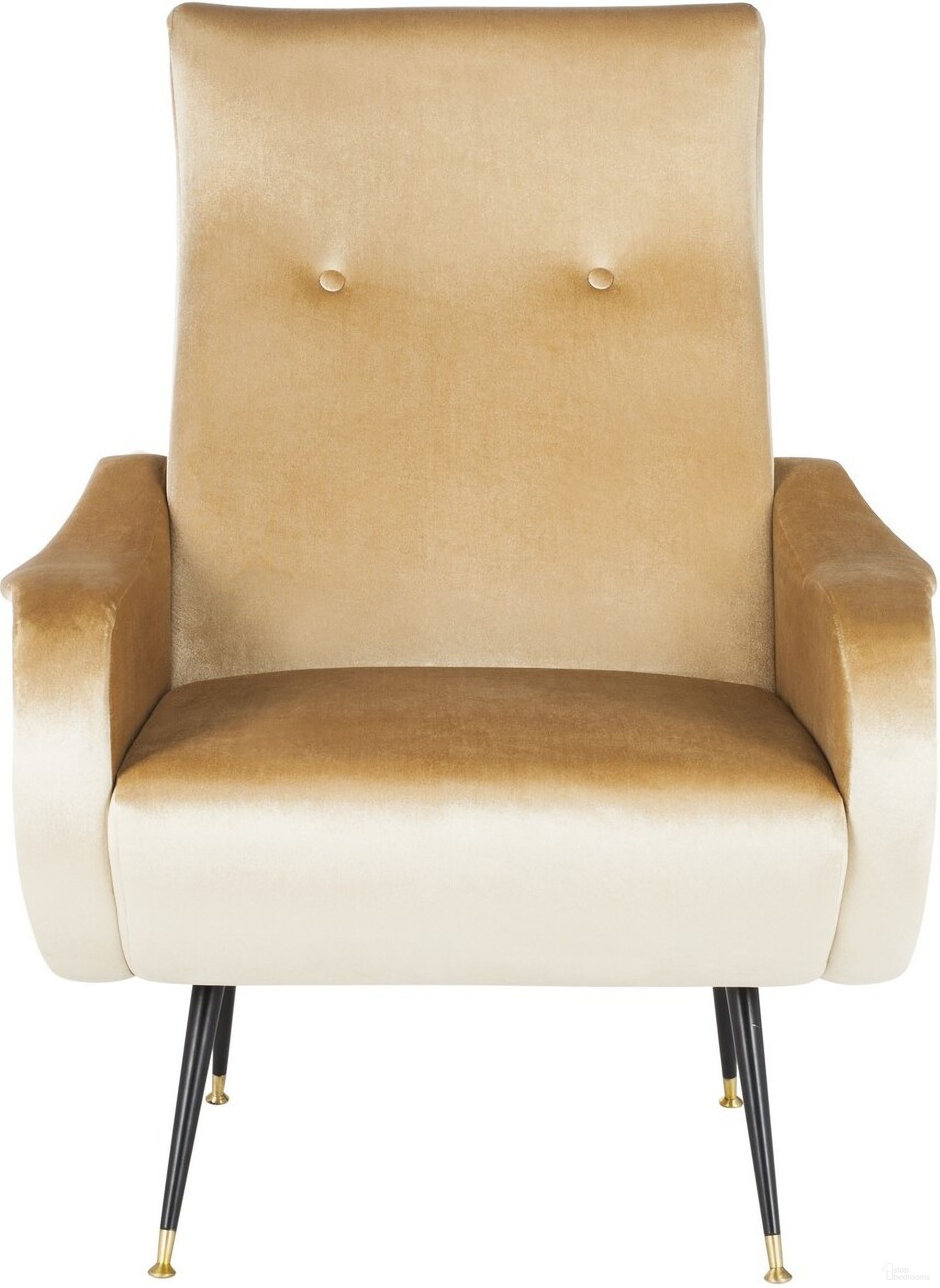 The appearance of Elicia Velvet Retro Mid Century Accent Chair in Camel designed by Safavieh in the transitional interior design. This camel piece of furniture was selected by 1StopBedrooms from Elicia Collection to add a touch of cosiness and style into your home. Sku: FOX6260B. Material: Wood.