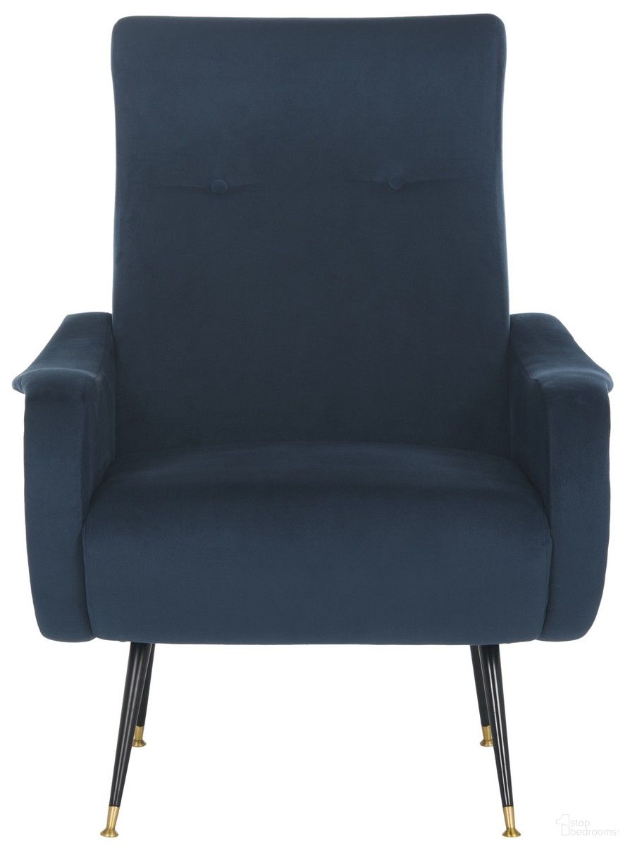 The appearance of Elicia Velvet Retro Mid Century Accent Chair in Navy designed by Safavieh in the transitional interior design. This navy velvet piece of furniture  was selected by 1StopBedrooms from Elicia Collection to add a touch of cosiness and style into your home. Sku: FOX6260C. Material: Velvet.