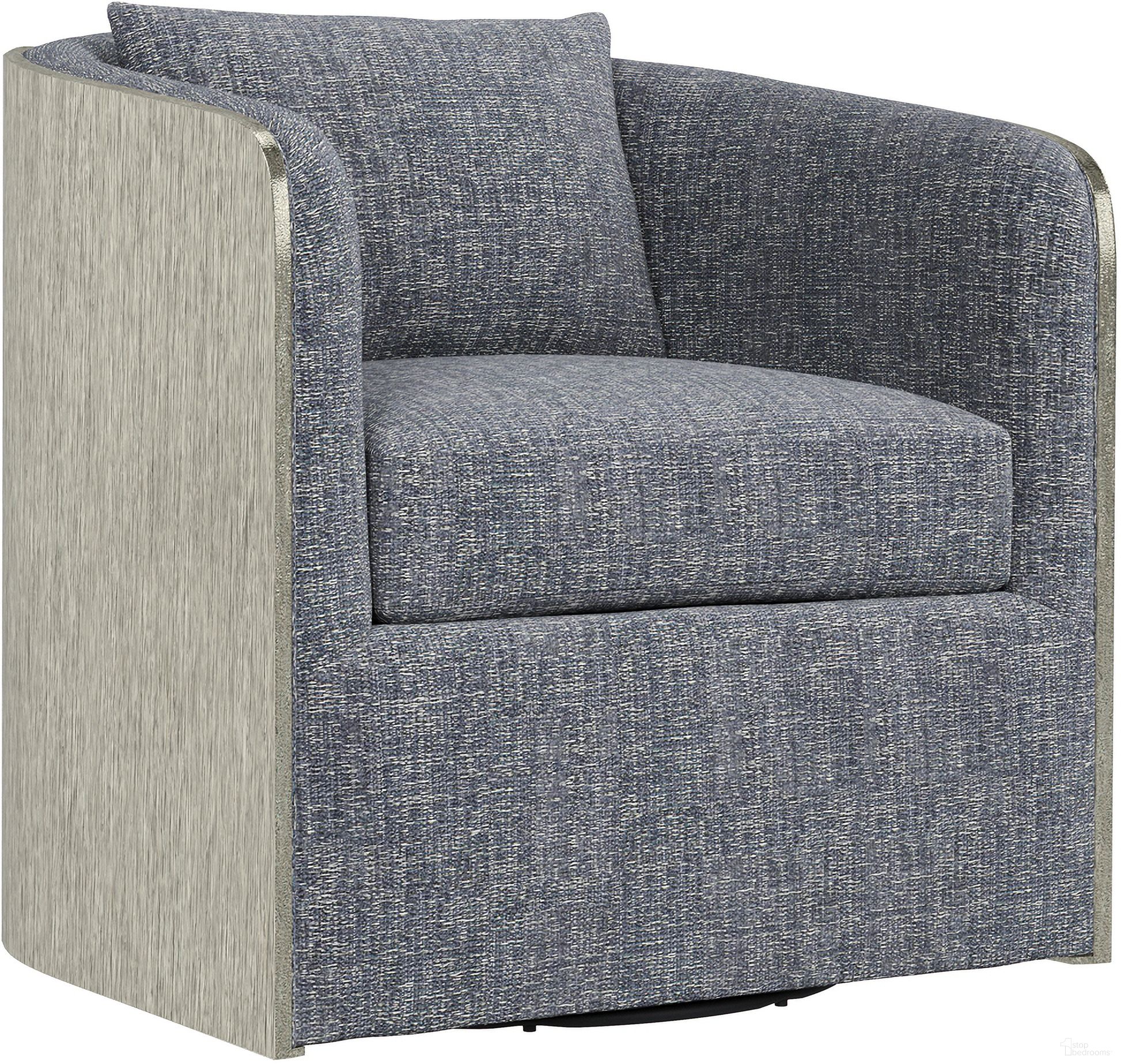 The appearance of Eliot Chenille Fabric Swivel Chair In Grey designed by Bernhardt in the modern / contemporary interior design. This grey chenille piece of furniture  was selected by 1StopBedrooms from Elliot Collection to add a touch of cosiness and style into your home. Sku: N6813S_5533-011. Material: Wood. Upholstery Material: Chenille.