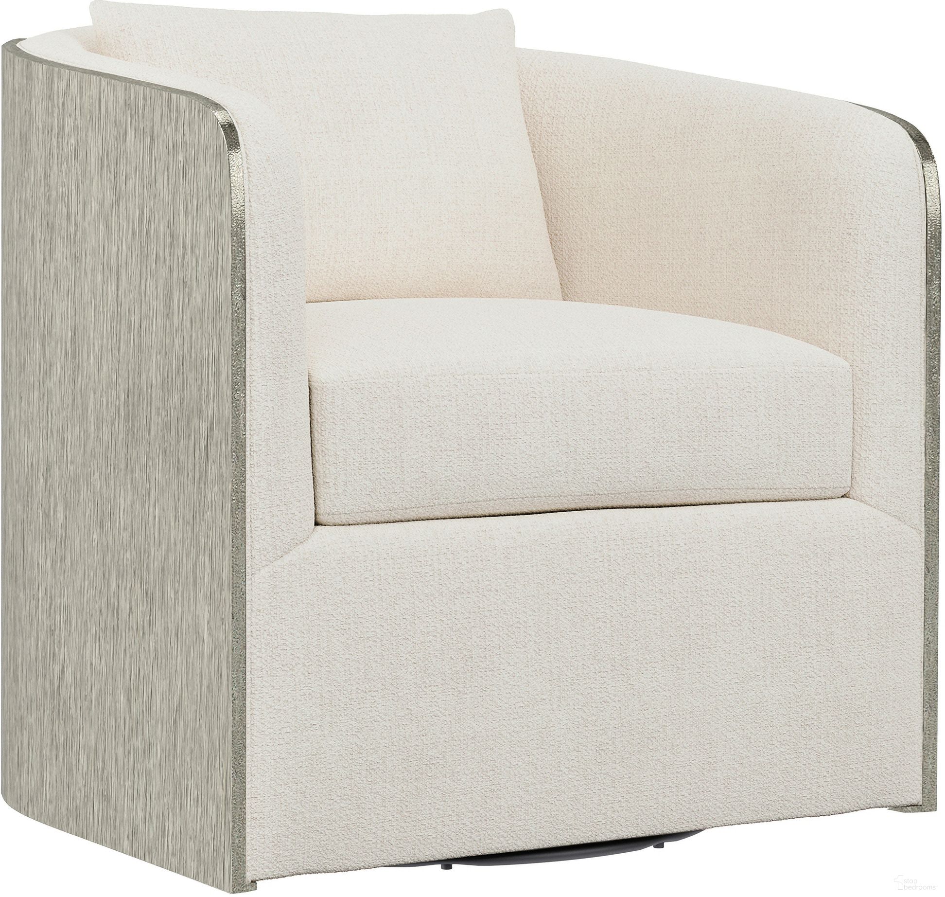 The appearance of Eliot Chenille Fabric Swivel Chair In White designed by Bernhardt in the modern / contemporary interior design. This white chenille piece of furniture  was selected by 1StopBedrooms from Elliot Collection to add a touch of cosiness and style into your home. Sku: N6813S_5558-000. Material: Wood. Upholstery Material: Chenille.