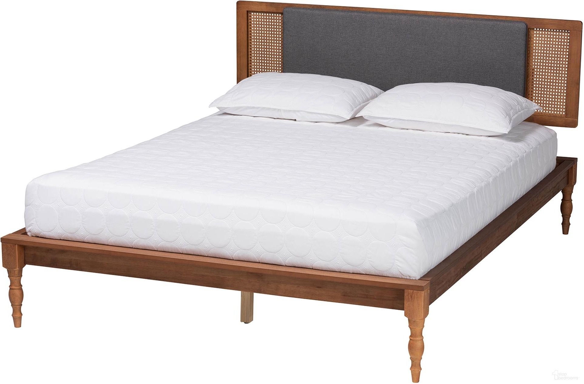 Eliseo King Size Platform Bed In Dark Grey Fabric and Walnut Brown Finished Wood