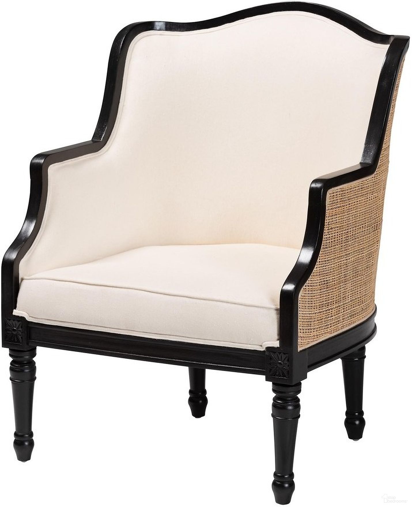 The appearance of Elizette Accent Chair In Beige designed by Baxton Studio in the transitional interior design. This beige piece of furniture  was selected by 1StopBedrooms from Elizette Collection to add a touch of cosiness and style into your home. Sku: SEA689-Black wood-BM02/White-F00. Material: Wood.