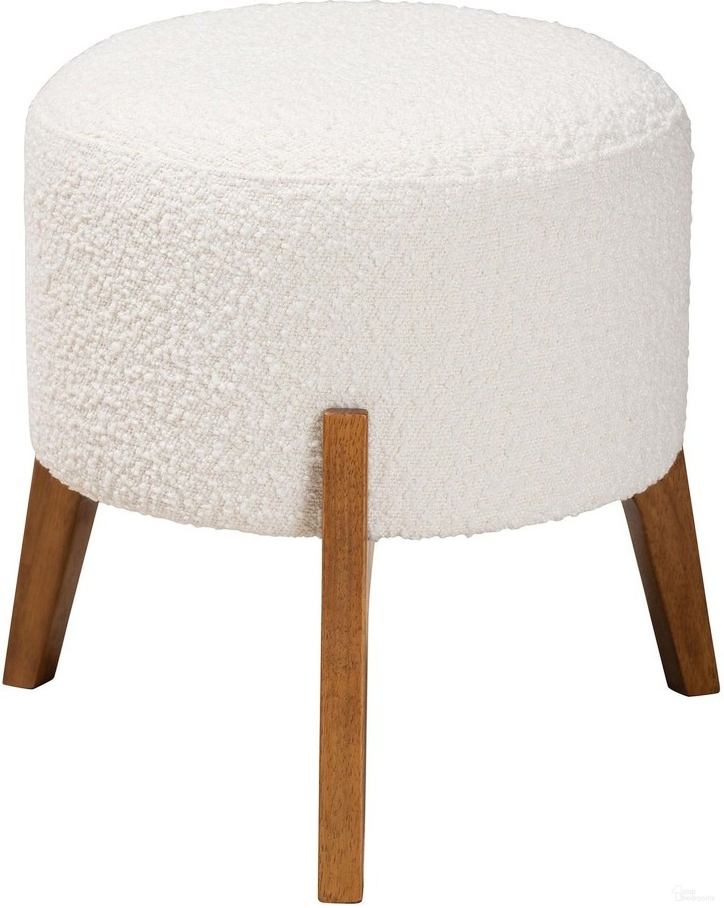 The appearance of Elkie Boucle Fabric and Wood Ottoman Footstool In Cream and Walnut Brown designed by Baxton Studio in the modern / contemporary interior design. This cream/brown piece of furniture was selected by 1StopBedrooms from Elkie Collection to add a touch of cosiness and style into your home. Sku: BBT5474-Maya-Cream/Walnut-Foot Stool. Material: Plywood.