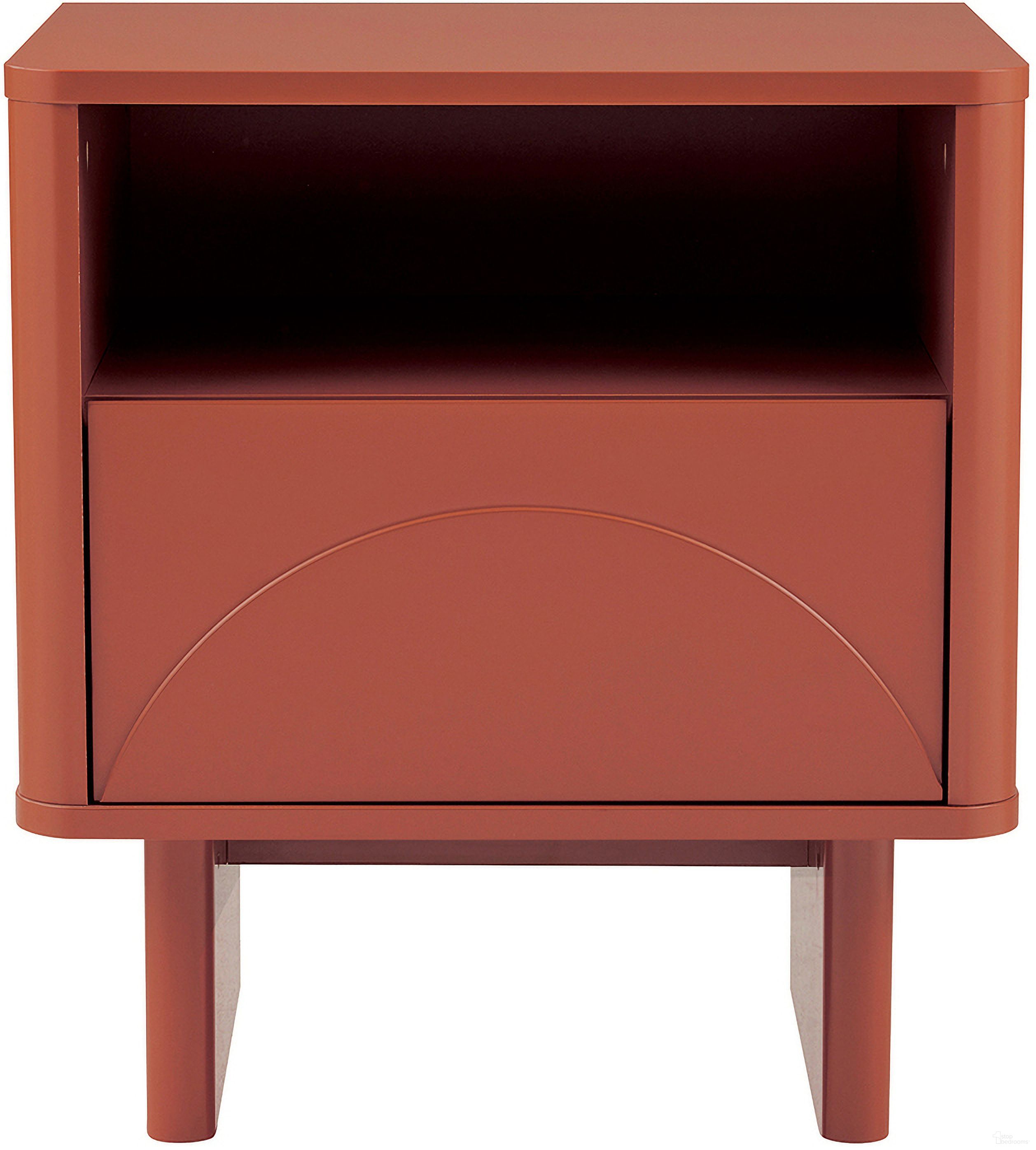 The appearance of Ella Nightstand In Terracotta designed by Manhattan Comfort in the modern / contemporary interior design. This terracotta piece of furniture  was selected by 1StopBedrooms from Ella Collection to add a touch of cosiness and style into your home. Sku: NS005-OR. Material: MDF.