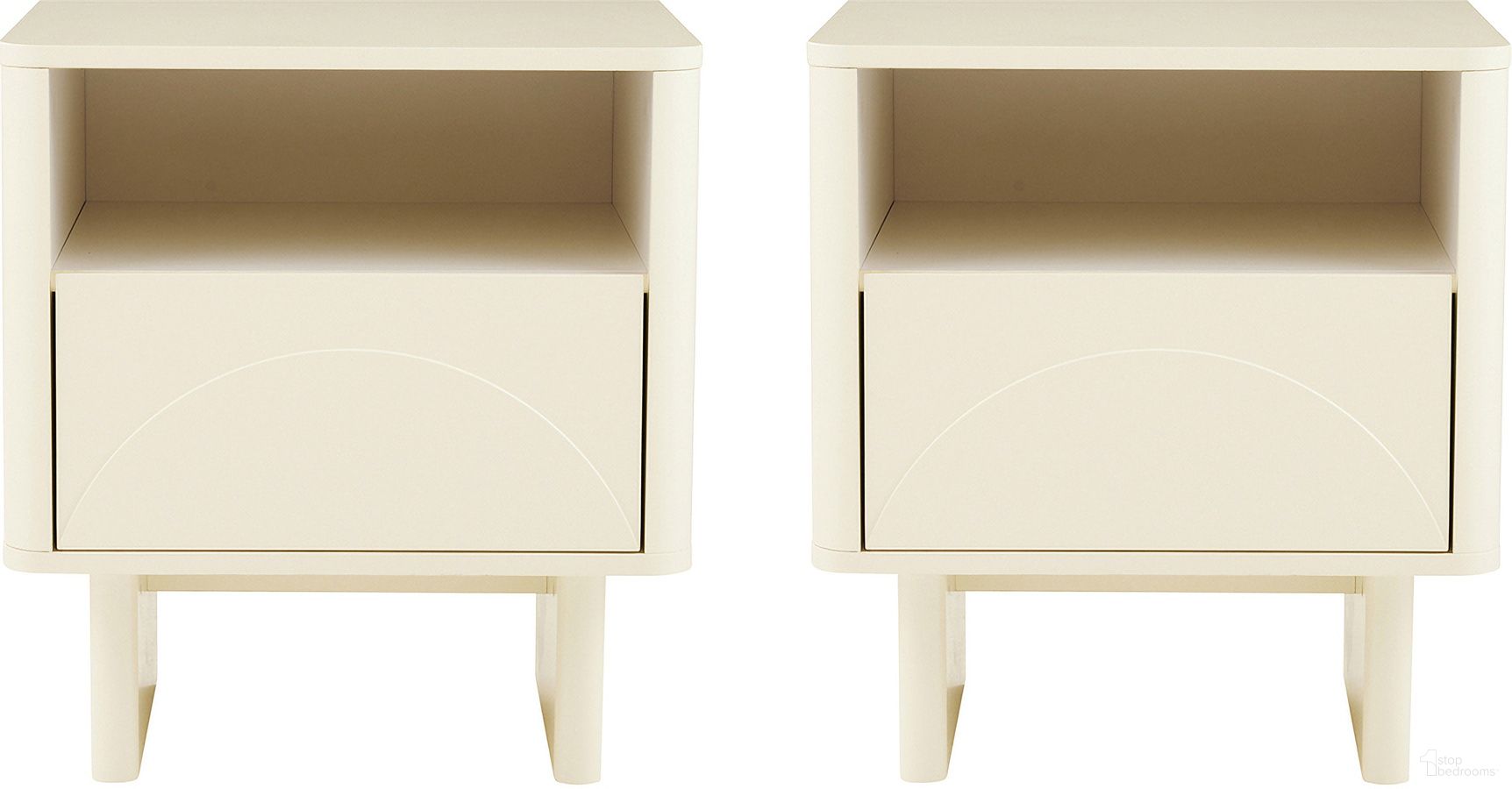 The appearance of Ella Nightstand Set of 2 In Cream designed by Manhattan Comfort in the modern / contemporary interior design. This cream piece of furniture  was selected by 1StopBedrooms from Ella Collection to add a touch of cosiness and style into your home. Sku: NS005-CR;NS005-CR. Material: MDF.