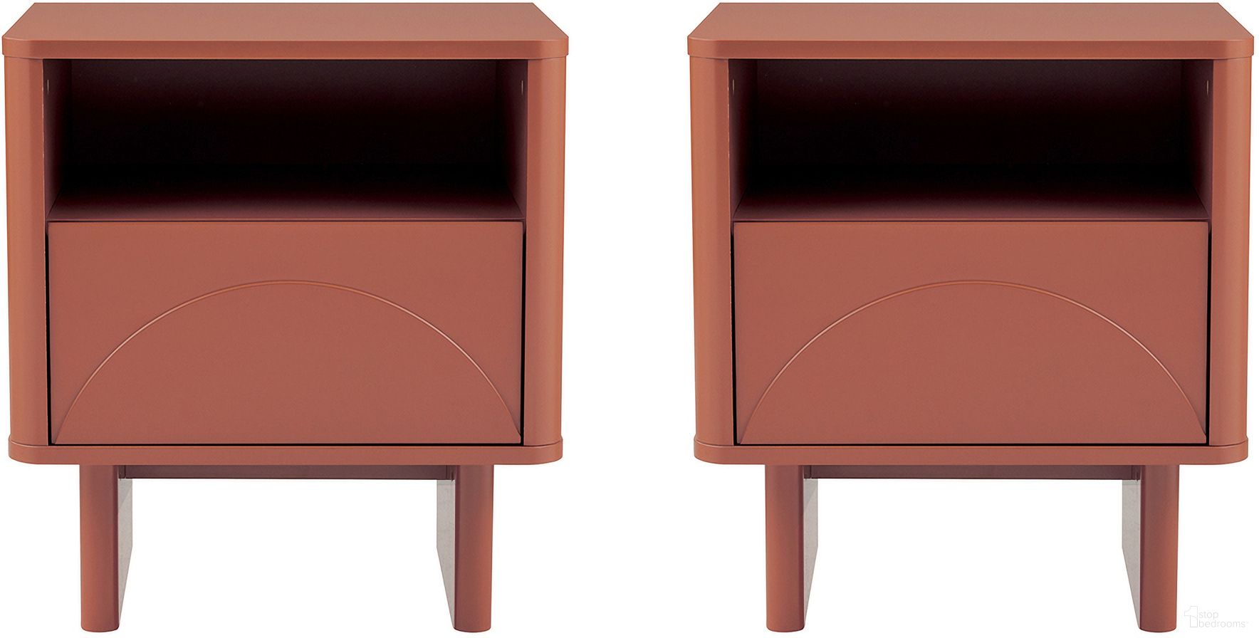 The appearance of Ella Nightstand Set of 2 In Terracotta designed by Manhattan Comfort in the modern / contemporary interior design. This terracotta piece of furniture was selected by 1StopBedrooms from Ella Collection to add a touch of cosiness and style into your home. Sku: NS005-OR;NS005-OR. Material: MDF.