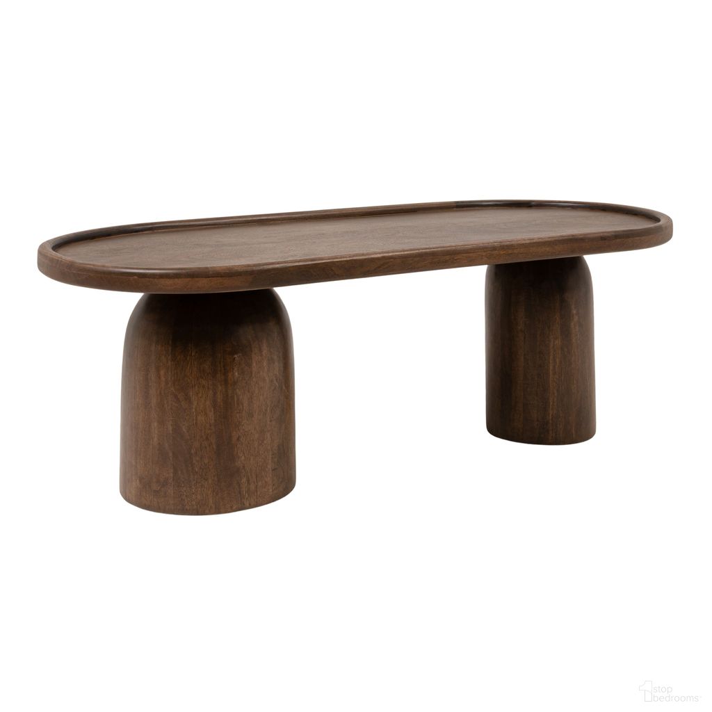 Ellington Asymmetrical Oval Mango Wood Coffee Table with Raised Tray Edge In Walnut