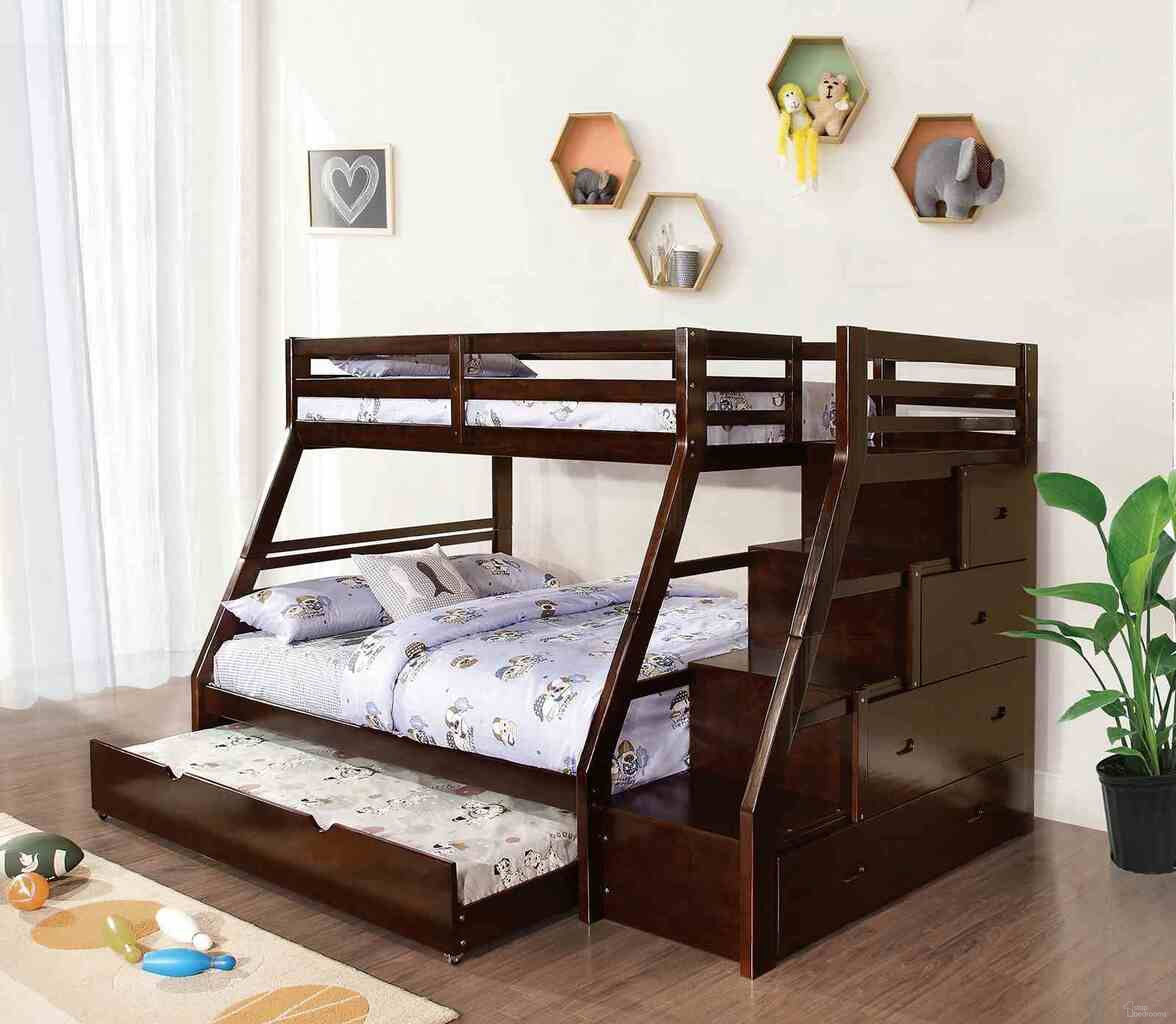 The appearance of Ellington Twin Over Full Bunk Bed with Trundle In Espresso designed by Furniture of America in the transitional interior design. This espresso piece of furniture was selected by 1StopBedrooms from Ellington Collection to add a touch of cosiness and style into your home. Sku: FM-BK611ES-1;FM-BK611ES-2;FM-BK611ES-3;FM-TR452-ES. Bed Type: Bunk Bed. Bed Size: Twin Over Full. Material: Solid Wood.