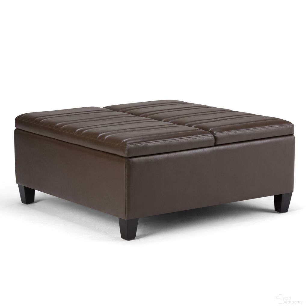 The appearance of Ellis Vegan Faux Leather Coffee Table Storage Ottoman In Chocolate Brown designed by Simpli Home in the modern / contemporary interior design. This chocolate brown piece of furniture was selected by 1StopBedrooms from Ellis Collection to add a touch of cosiness and style into your home. Sku: AXCOT-266-CBR. Material: Faux Leather.