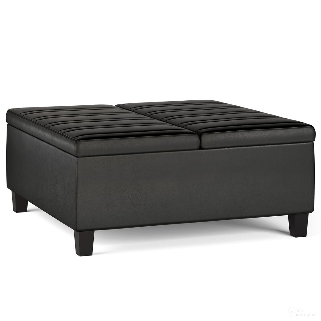 The appearance of Ellis Vegan Faux Leather Coffee Table Storage Ottoman In Distressed Black designed by Simpli Home in the modern / contemporary interior design. This distressed black piece of furniture was selected by 1StopBedrooms from Ellis Collection to add a touch of cosiness and style into your home. Sku: AXCOT-266-DBL. Material: Faux Leather.