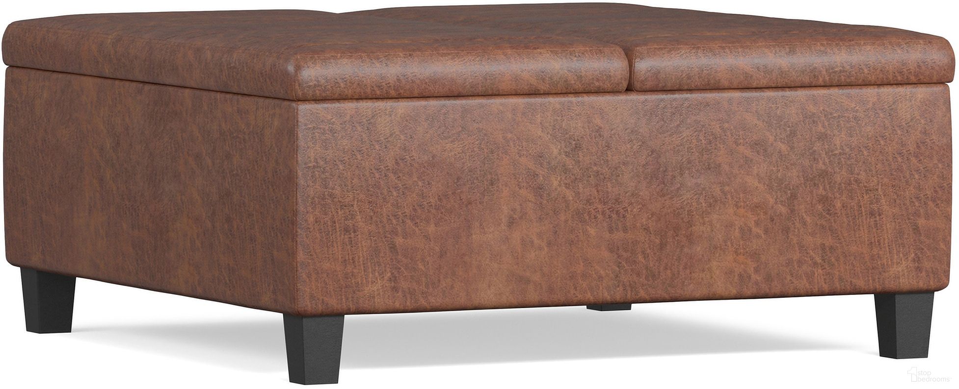 Ellis Vegan Faux Leather Coffee Table Storage Ottoman In Distressed Saddle Brown