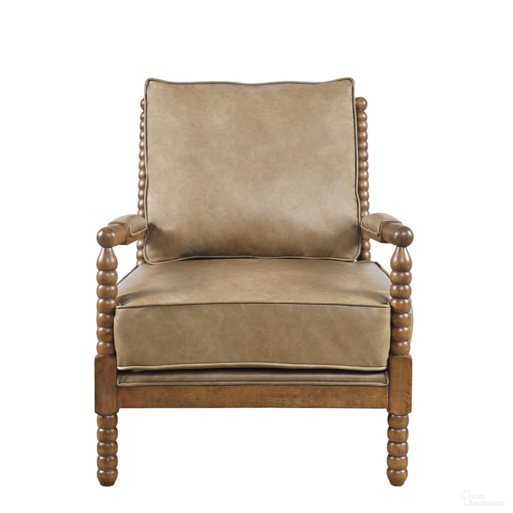 The appearance of Ellsey Spindle Arm Faux Buff Leather Accent Chair In Buffed Brown designed by Jofran in the transitional interior design. This buffed brown piece of furniture was selected by 1StopBedrooms from Ellsey Collection to add a touch of cosiness and style into your home. Sku: ELLSEY-CH-BUFF. Material: Rubberwood.