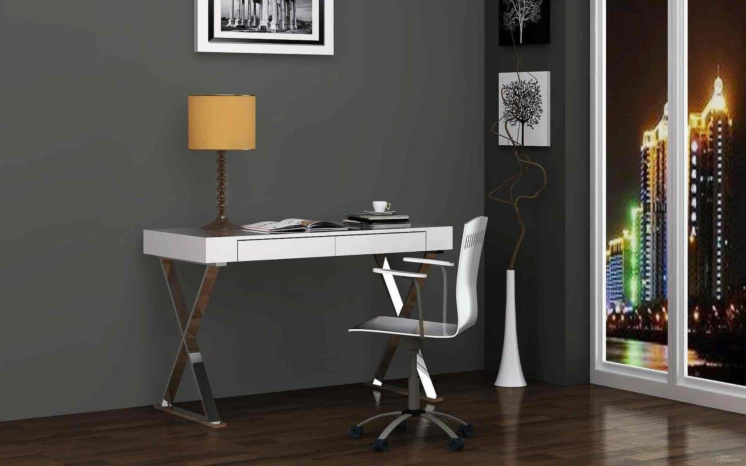 The appearance of Elm White Large Desk designed by Whiteline Modern Living in the modern / contemporary interior design. This white piece of furniture was selected by 1StopBedrooms from Elm Collection to add a touch of cosiness and style into your home. Sku: DK1205L-WHT. Material: Stainless Steel.
