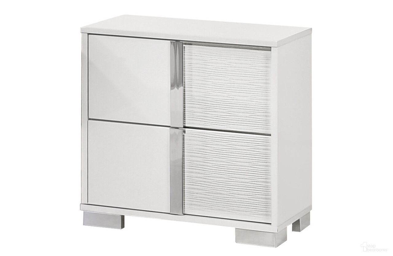 The appearance of Elma 2 Drawer Nightstand with Metal Trim Accent Handle and Leg In White Lacquer designed by Best Quality Furniture in the modern / contemporary interior design. This white piece of furniture  was selected by 1StopBedrooms from Elma Collection to add a touch of cosiness and style into your home. Sku: B750-N. Material: Wood.