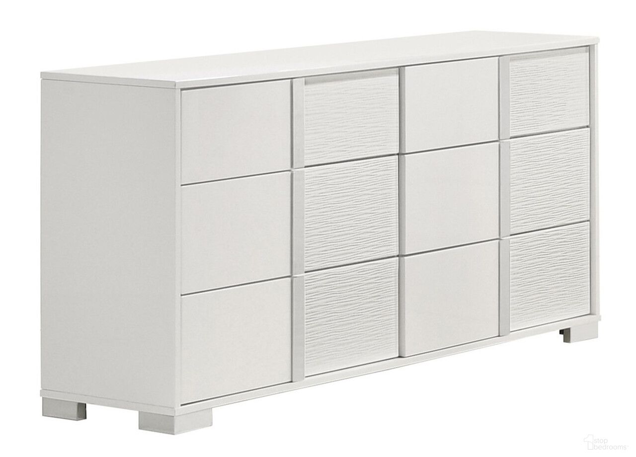 The appearance of Elma 6 Drawer Dresser with Metal Trim Accent Handle and Leg In White Lacquer designed by Best Quality Furniture in the modern / contemporary interior design. This white piece of furniture  was selected by 1StopBedrooms from Elma Collection to add a touch of cosiness and style into your home. Sku: B750-DR. Material: Wood.