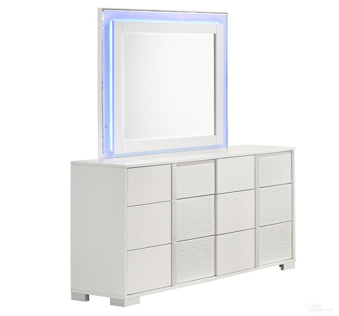 The appearance of Elma 6 Drawer Dresser with Mirror and Blue Led Lighting In White Lacquer designed by Best Quality Furniture in the modern / contemporary interior design. This white piece of furniture  was selected by 1StopBedrooms from Elma Collection to add a touch of cosiness and style into your home. Sku: B750-DR;B750-M. Material: Wood.