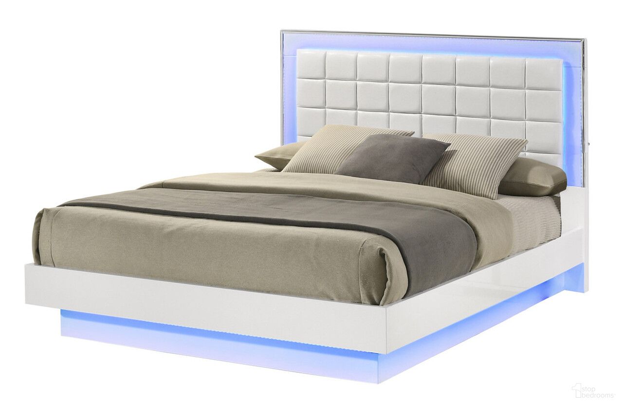 The appearance of Elma Floating King Platform Bed with Blue Led Lighting In White Lacquer designed by Best Quality Furniture in the modern / contemporary interior design. This white piece of furniture  was selected by 1StopBedrooms from Elma Collection to add a touch of cosiness and style into your home. Sku: B750-EK-HB;B750-EK-FB;B750-EK-SR. Bed Type: Platform Bed. Material: Faux Leather. Bed Size: King.