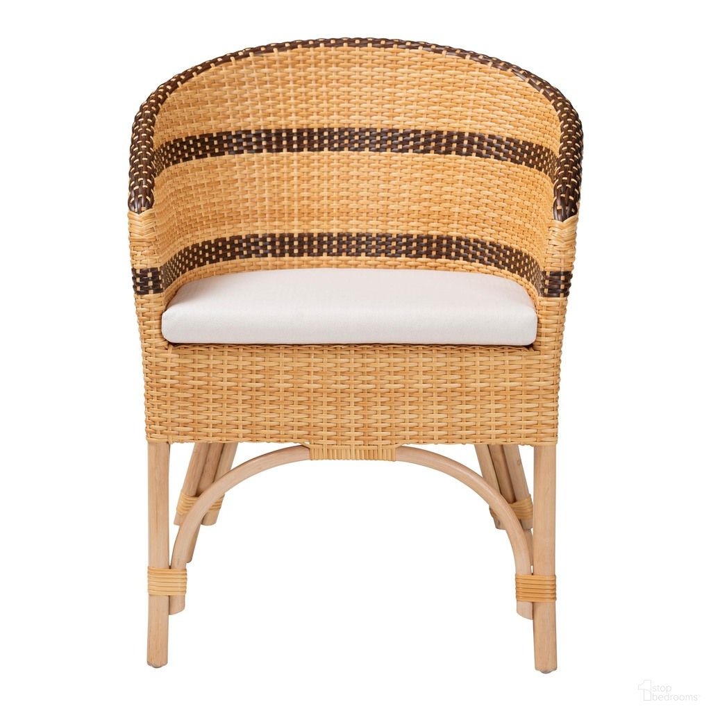 The appearance of Elma Rattan Dining Chair with Cushion In Brown and Dark Brown designed by Baxton Studio in the bohemian interior design. This brown/dark brown piece of furniture was selected by 1StopBedrooms from Elma Collection to add a touch of cosiness and style into your home. Sku: Elma-Natural/Brown Stripes-Rattan-Cushion-DC. Material: Natural Rattan. Chair Type: Arm Chair.
