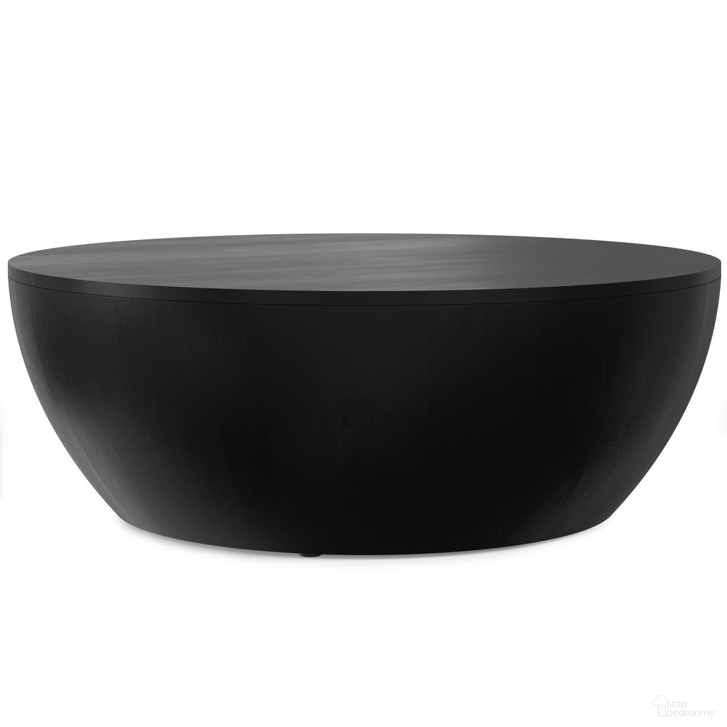 The appearance of Elmbrook Solid Mango Drum Coffee Table In Black designed by Simpli Home in the modern / contemporary interior design. This black piece of furniture  was selected by 1StopBedrooms from Elmbrook Collection to add a touch of cosiness and style into your home. Sku: AXCELMDRT-BL. Material: Mango Wood.