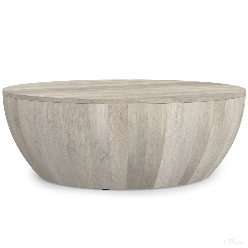 The appearance of Elmbrook Solid Mango Drum Coffee Table In White Wash designed by Simpli Home in the modern / contemporary interior design. This white wash piece of furniture  was selected by 1StopBedrooms from Elmbrook Collection to add a touch of cosiness and style into your home. Sku: AXCELMDRT-WW. Material: Mango Wood.