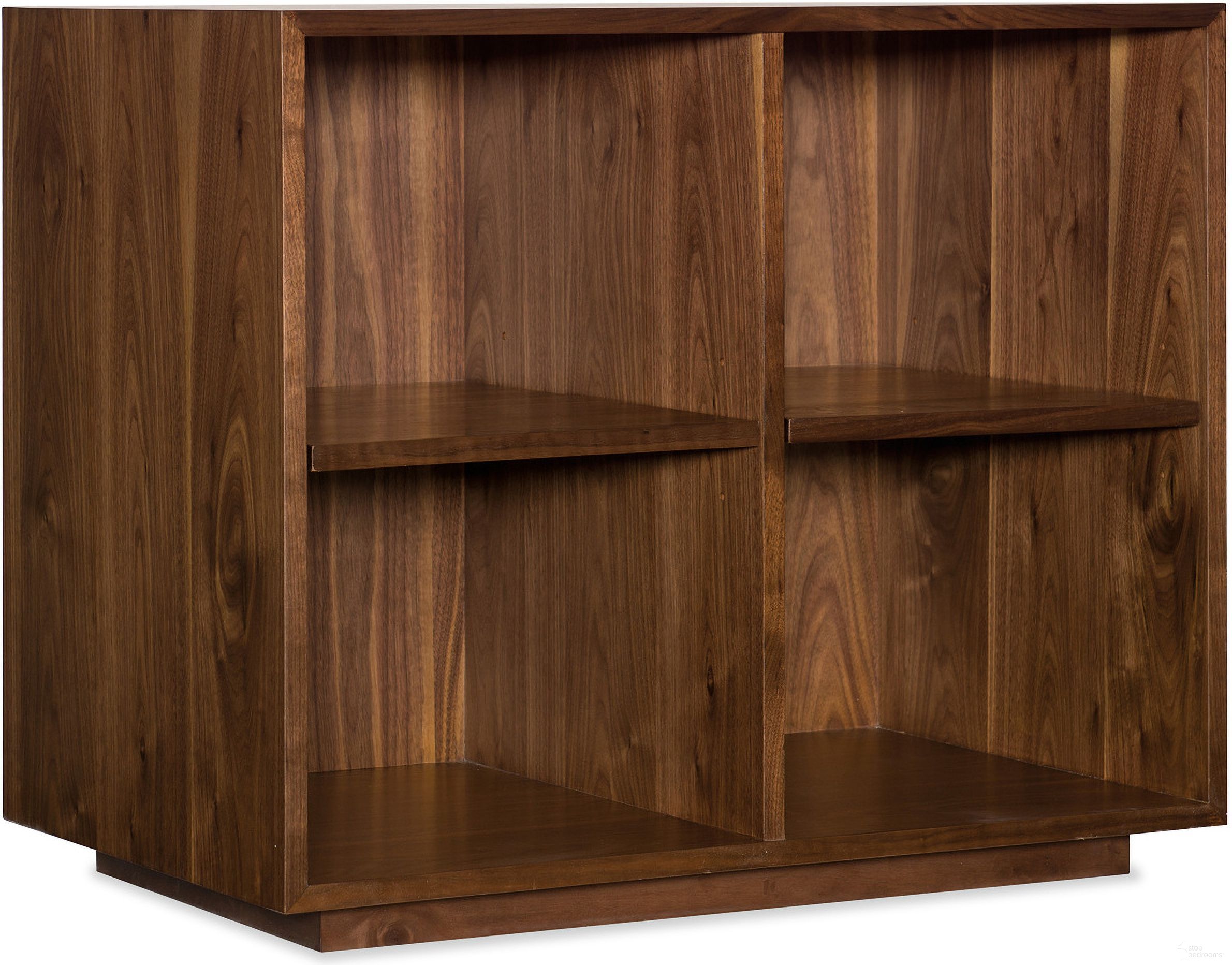 The appearance of Elon Medium Wood Bunching Short Bookcase designed by Hooker in the transitional interior design. This medium wood piece of furniture  was selected by 1StopBedrooms from Elon Collection to add a touch of cosiness and style into your home. Sku: 1650-10245-MWD. Material: Walnut Veneer.
