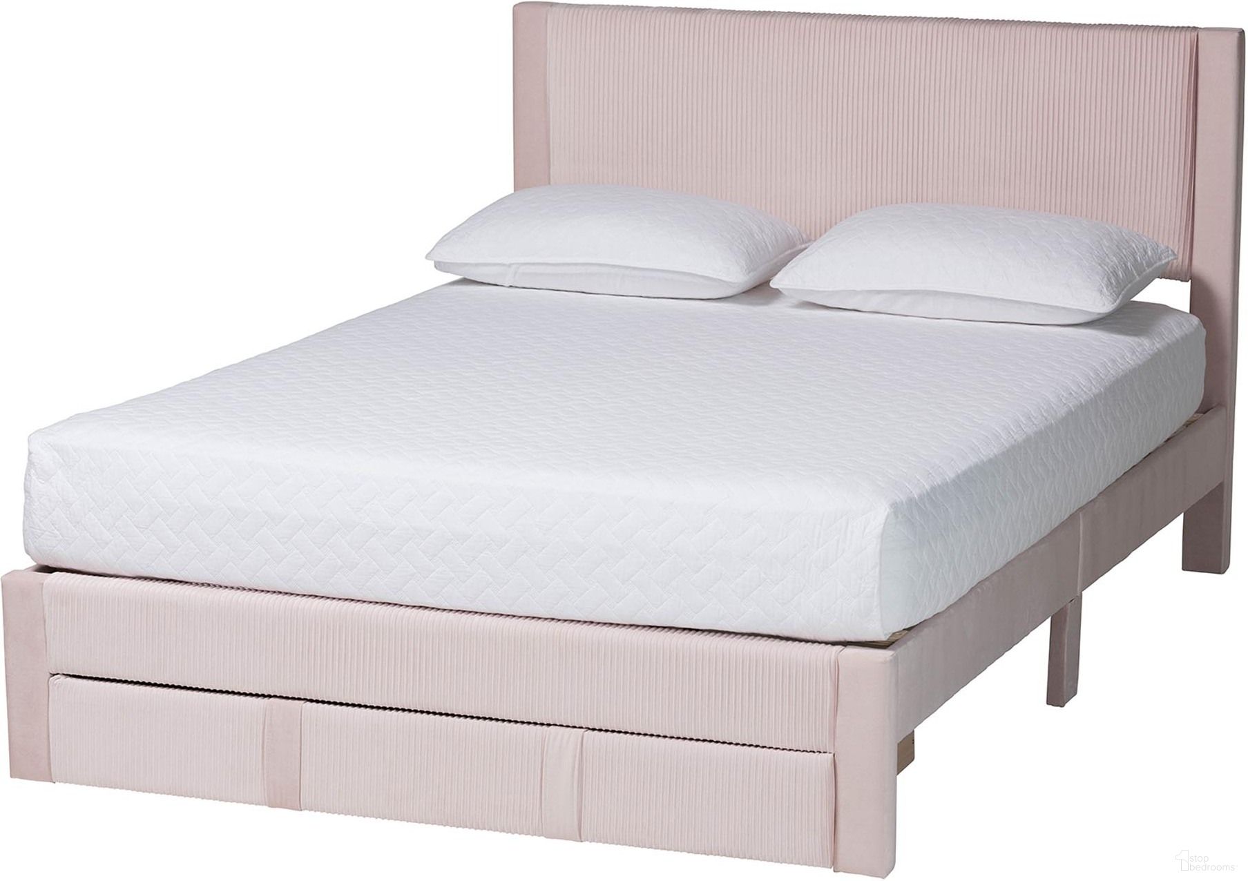 The appearance of Elora Pleated Velvet Queen Size Storage Bed In Light Pink designed by Baxton Studio in the modern / contemporary interior design. This light pink piece of furniture  was selected by 1StopBedrooms from Elora Collection to add a touch of cosiness and style into your home. Sku: CFSP0839-A-Light Pink-Queen. Bed Type: Storage Bed. Material: Polyester. Bed Size: Queen.