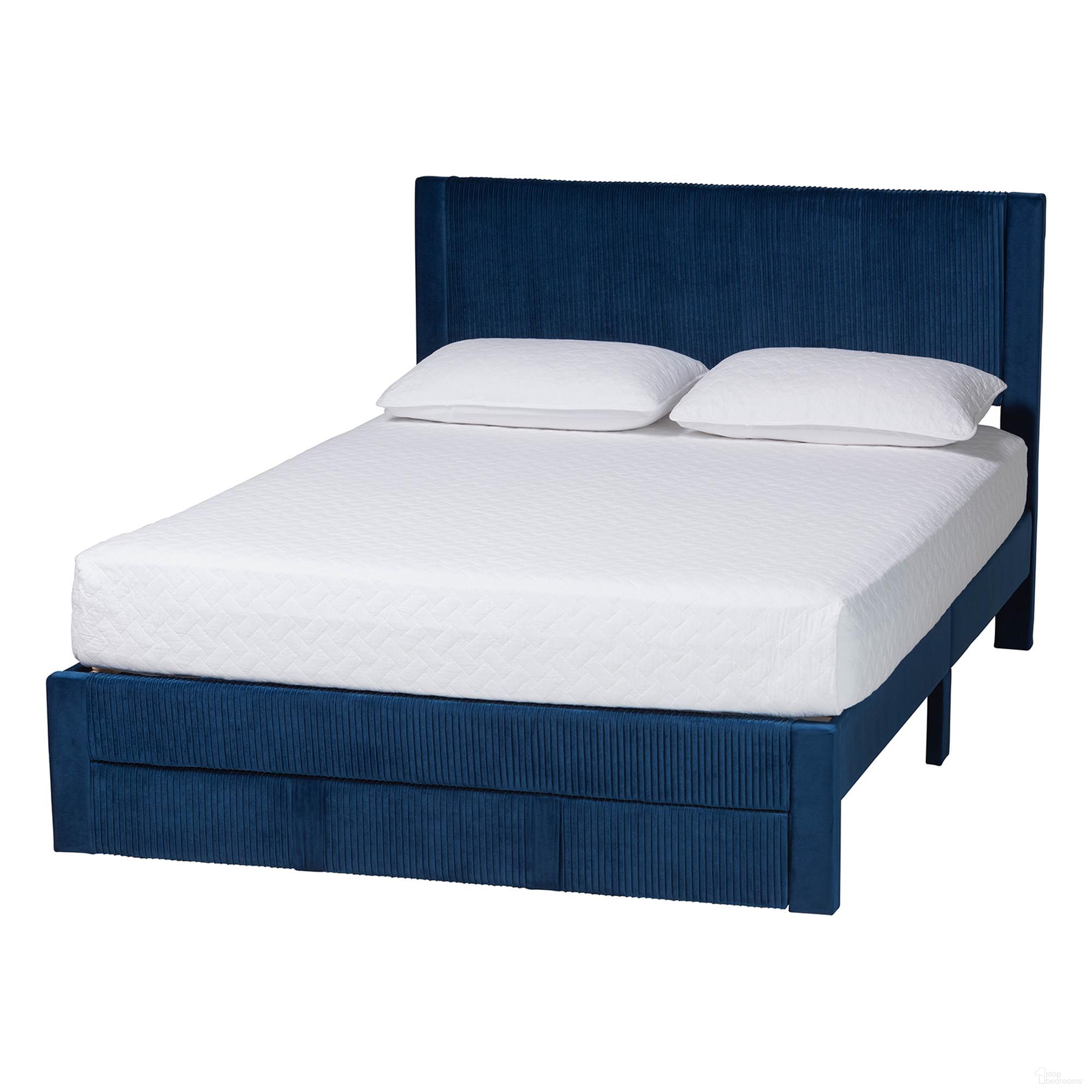 The appearance of Elora Pleated Velvet Queen Size Storage Bed In Navy Blue designed by Baxton Studio in the modern / contemporary interior design. This navy blue piece of furniture was selected by 1StopBedrooms from Elora Collection to add a touch of cosiness and style into your home. Sku: CFSP0839-A-Navy Blue-Queen. Bed Type: Storage Bed. Material: Polyester. Bed Size: Queen.